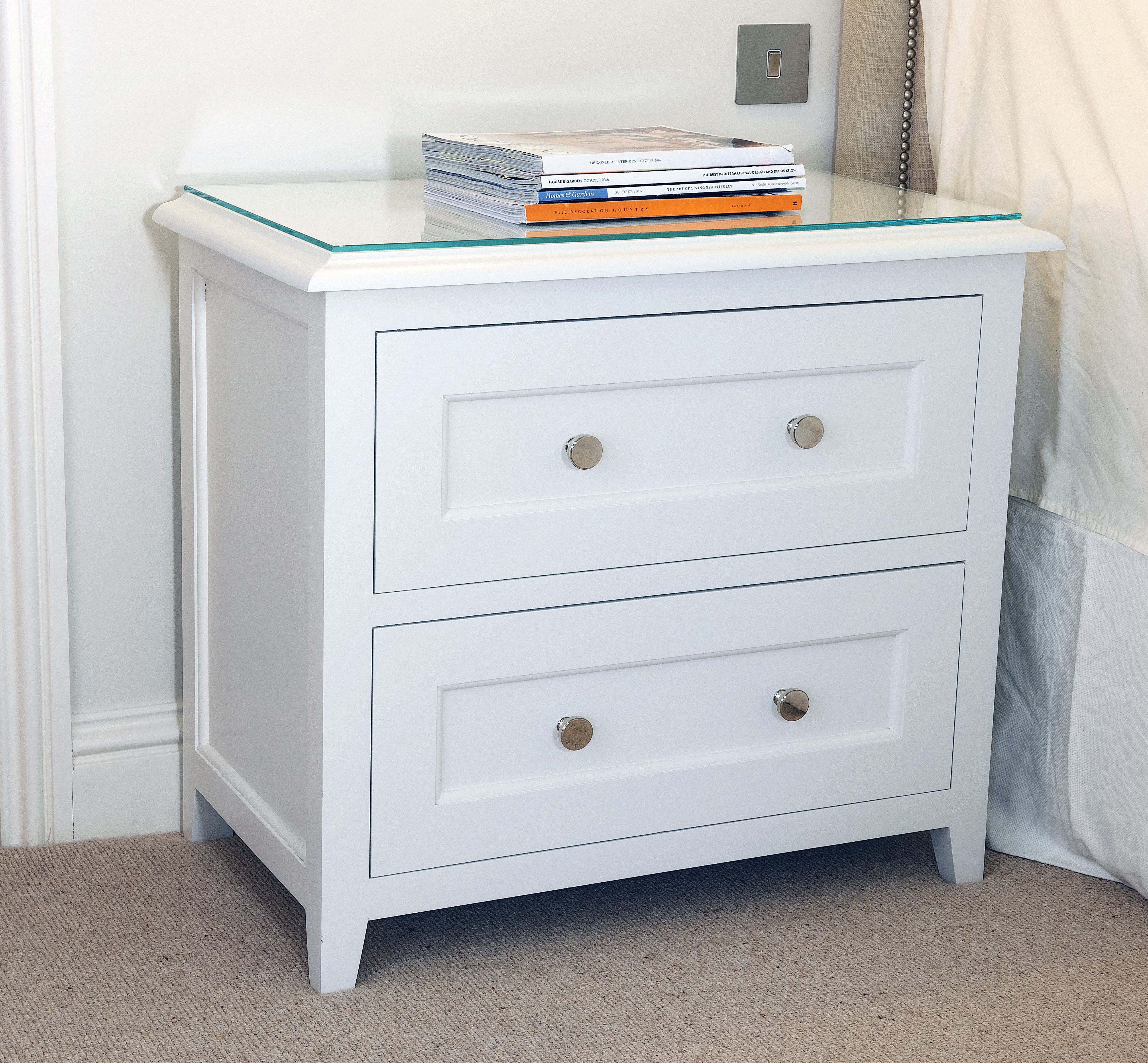 Bespoke shaker style bedside table with two drawers painted in Zoffany Quarter Paris Grey with polished chrome handles.