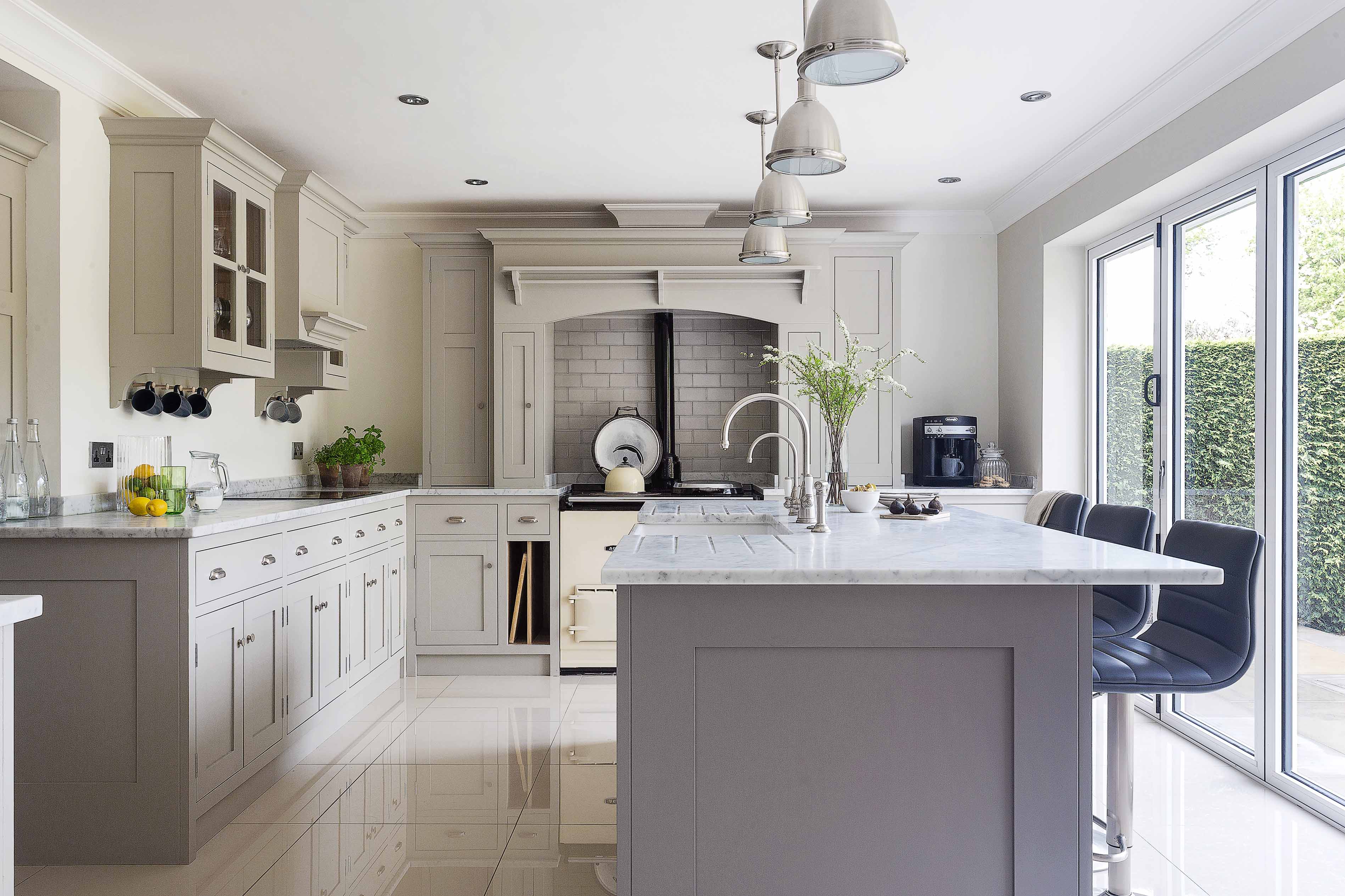 Classic English shaker style bespoke kitchen hand painted farrow and ball Armac Martin Marble quartz Aga range cooker Alton Hampshire