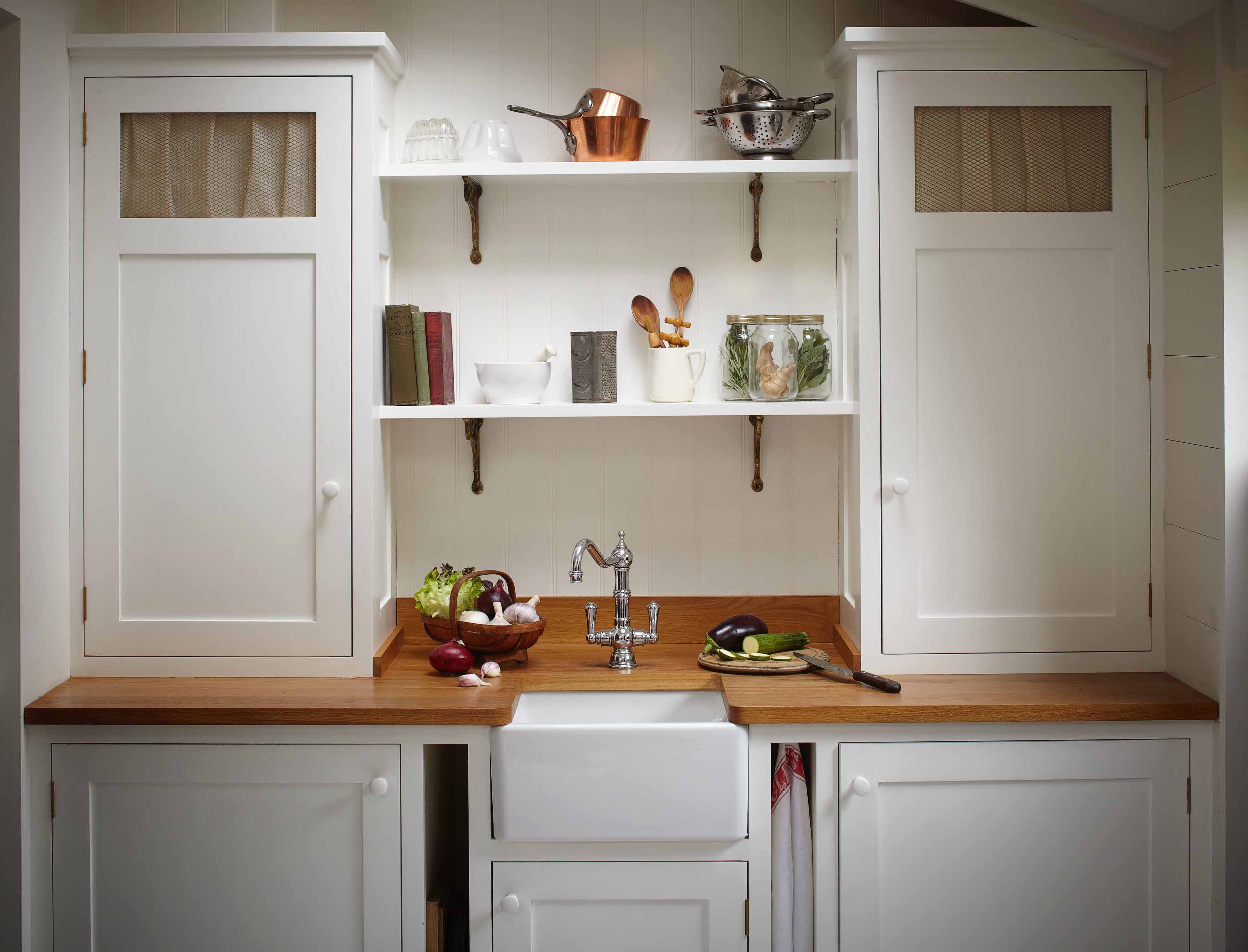 Bespoke kitchen pantry shaker style perrin and rowe tap belfast butler sink antique brass shelf brackets in Farnham Surrey