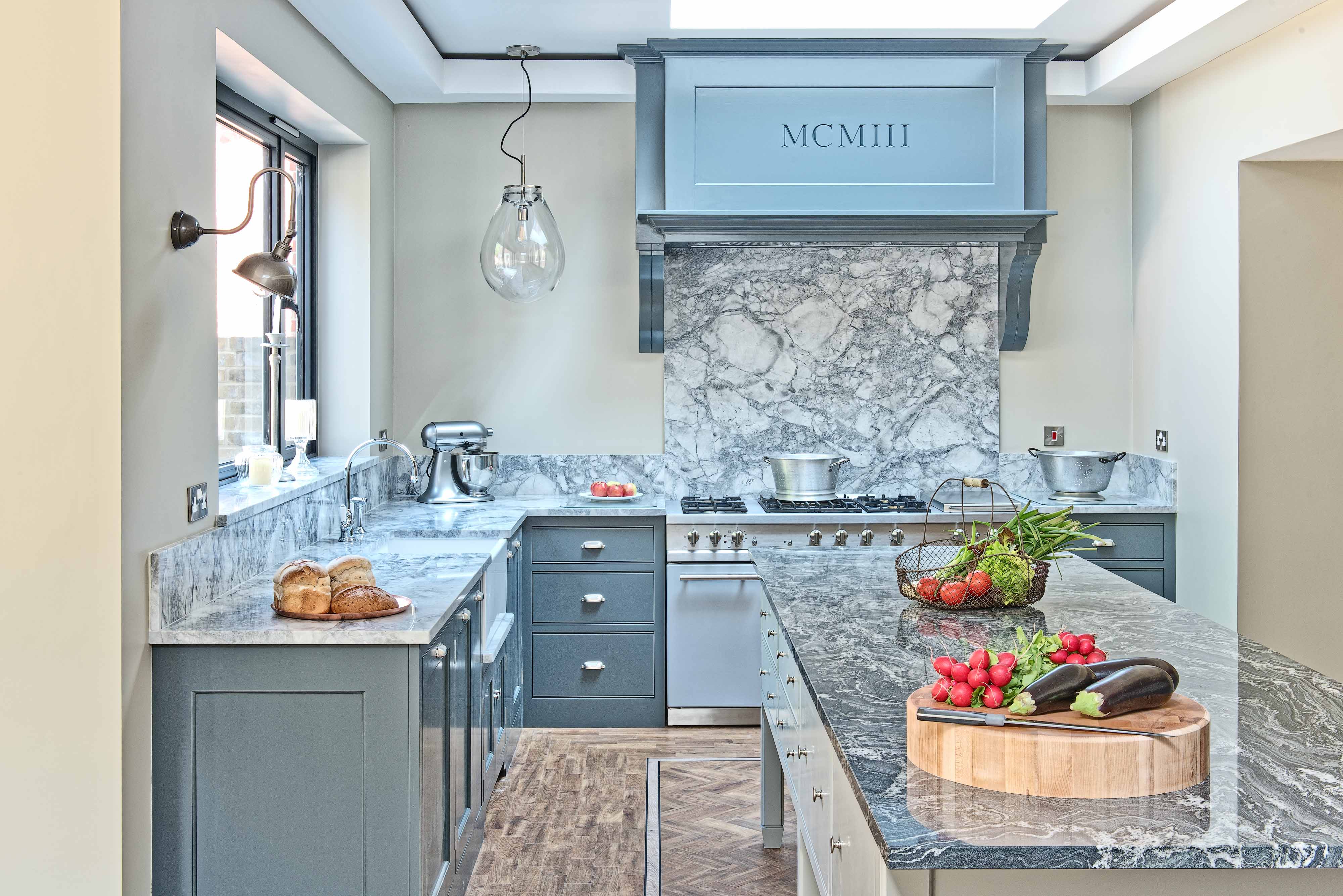 Luxury designer bespoke kitchen Lacanche cooker table island farrow and ball armac martin perrin and rowe marble granite quartz Ascot Berkshire