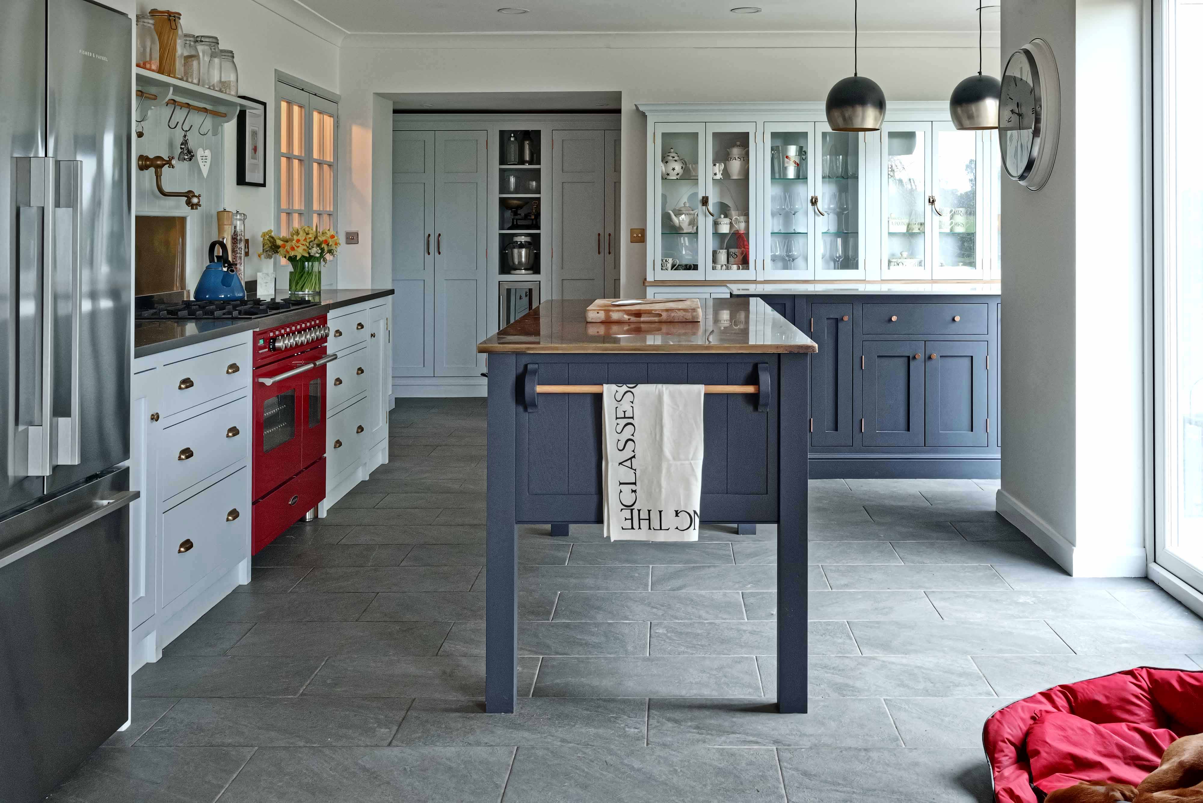 Bespoke shaker style kitchen britannia cooker island farrow and ball brass worktop Farnham surrey