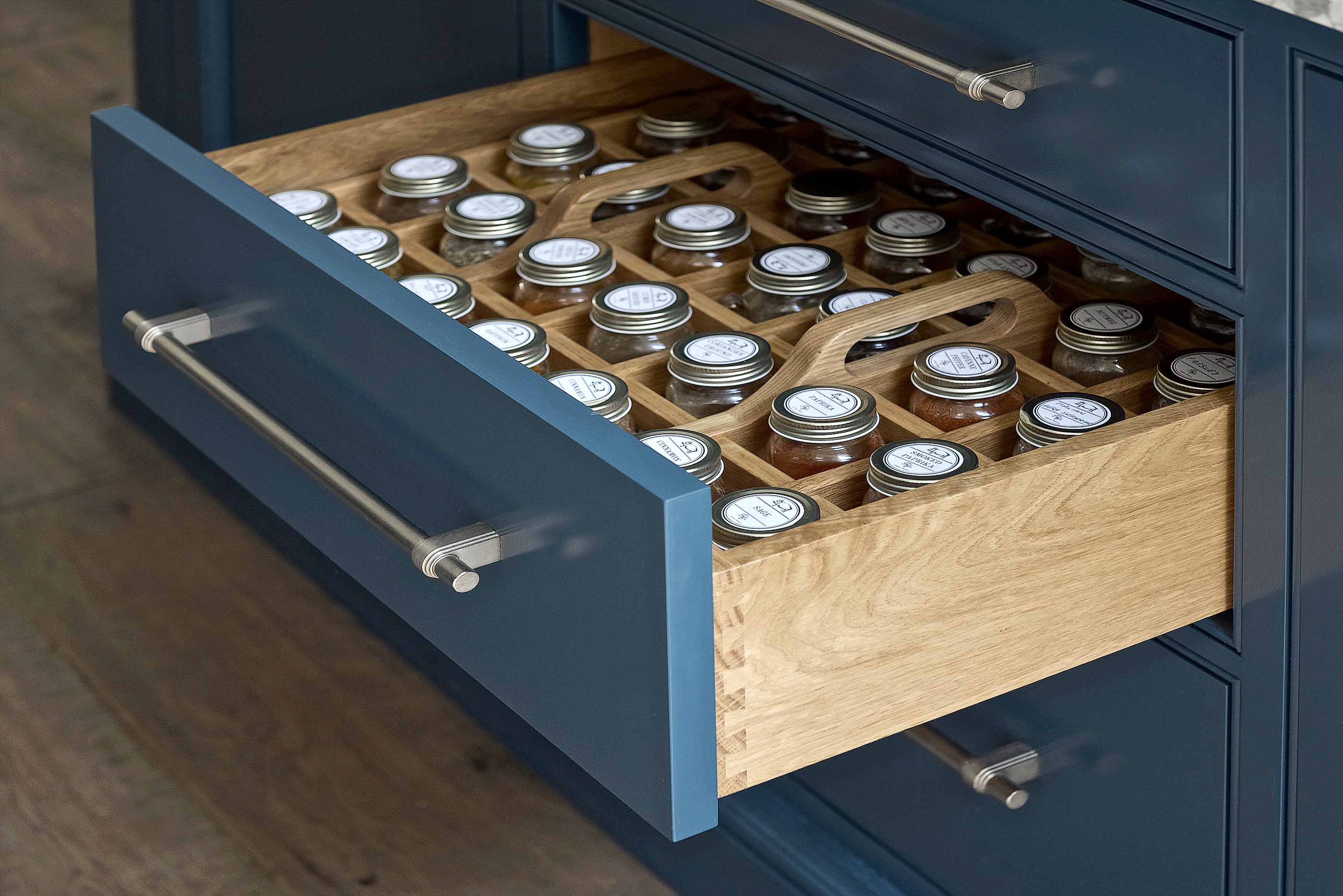 Bespoke kitchen oak spice rack draw farrow and ball brass armac in Horsham West Sussex