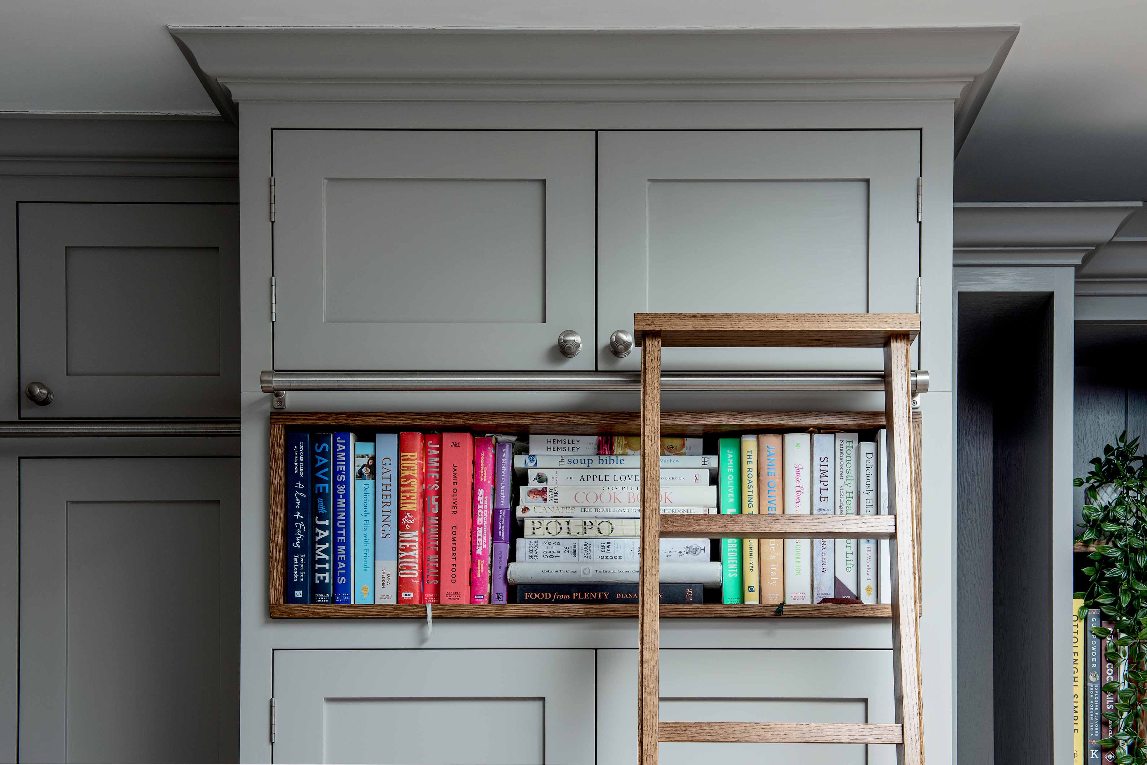 Classic bespoke kitchen mylands hand painted oak library ladder bookcase armac martin Cobham surrey