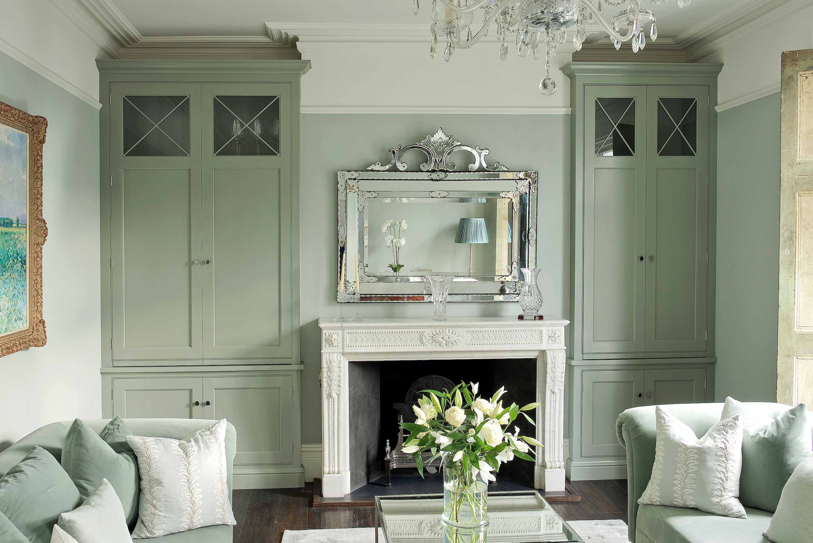 005. Lounge dining room alcove bespoke joinery cabinets library book case hand painted classic farrow and ball near Hook Hampshire and Surrey