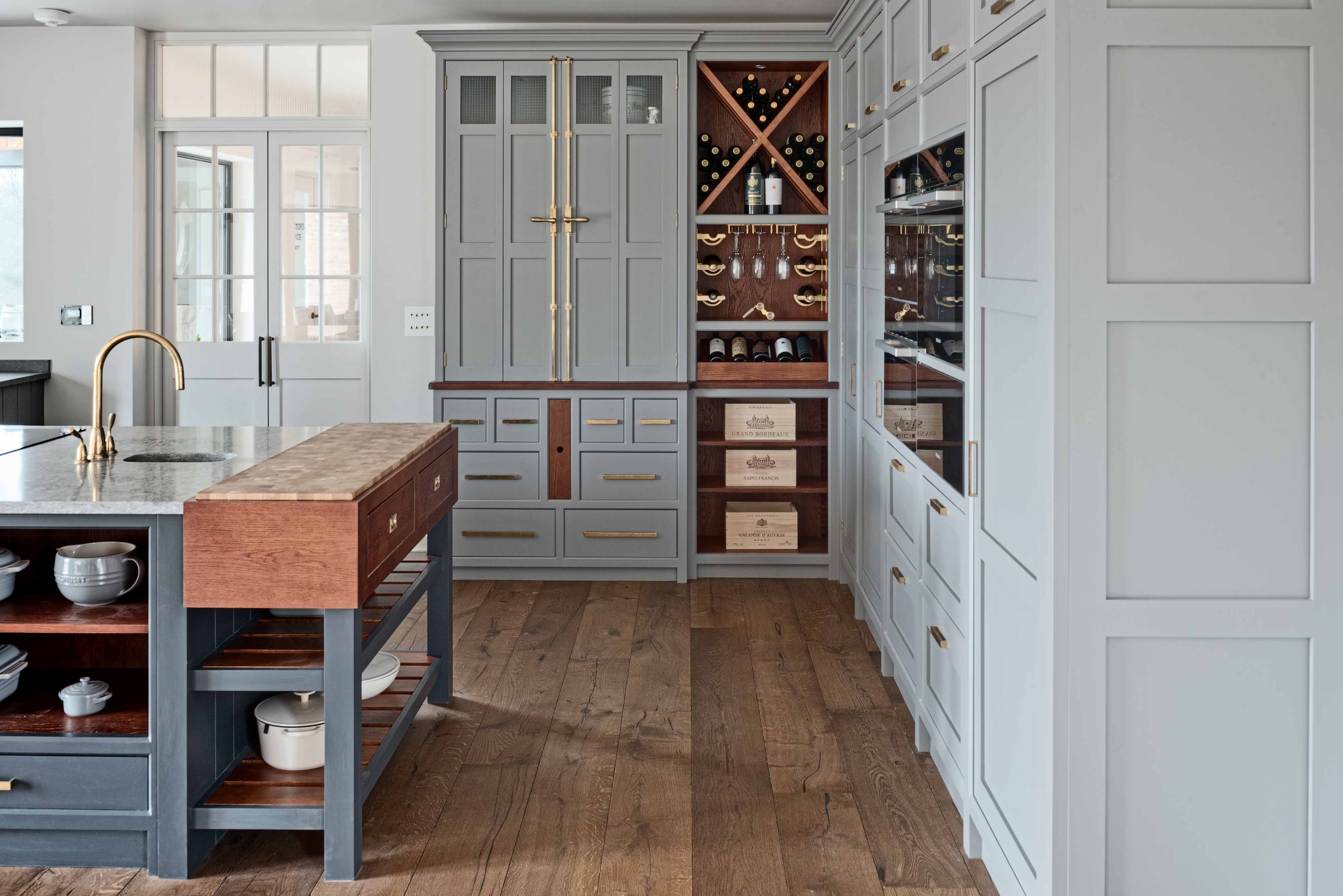 Contemporary shaker style bespoke kitchen farrow and ball wine cabinet butchers chopping block pantry larder brass armac in London