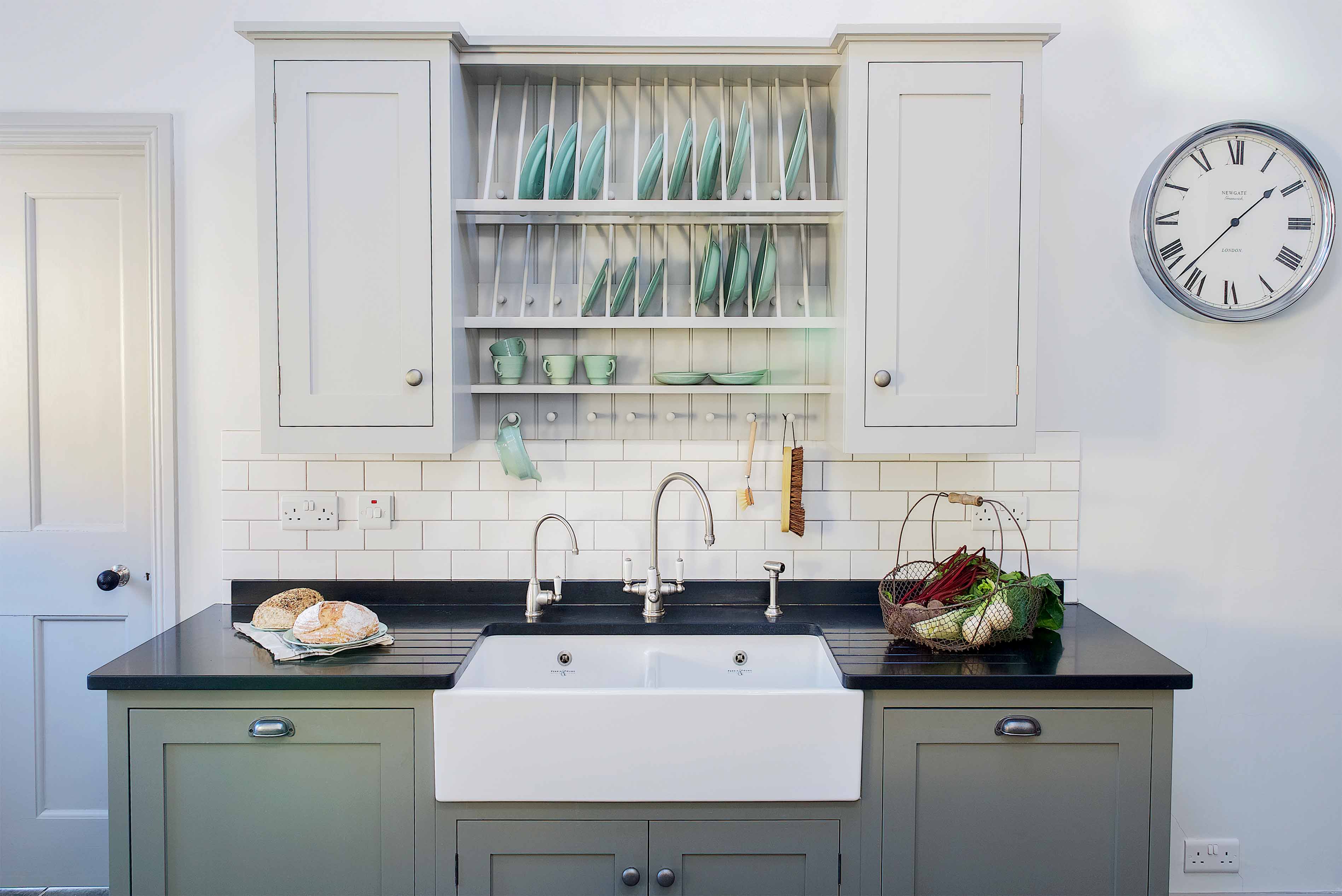 Traditional shaker style bespoke kitchen hand painted mylands with perrin and rowe sink tap armac martin plate rack Alton Hampshire