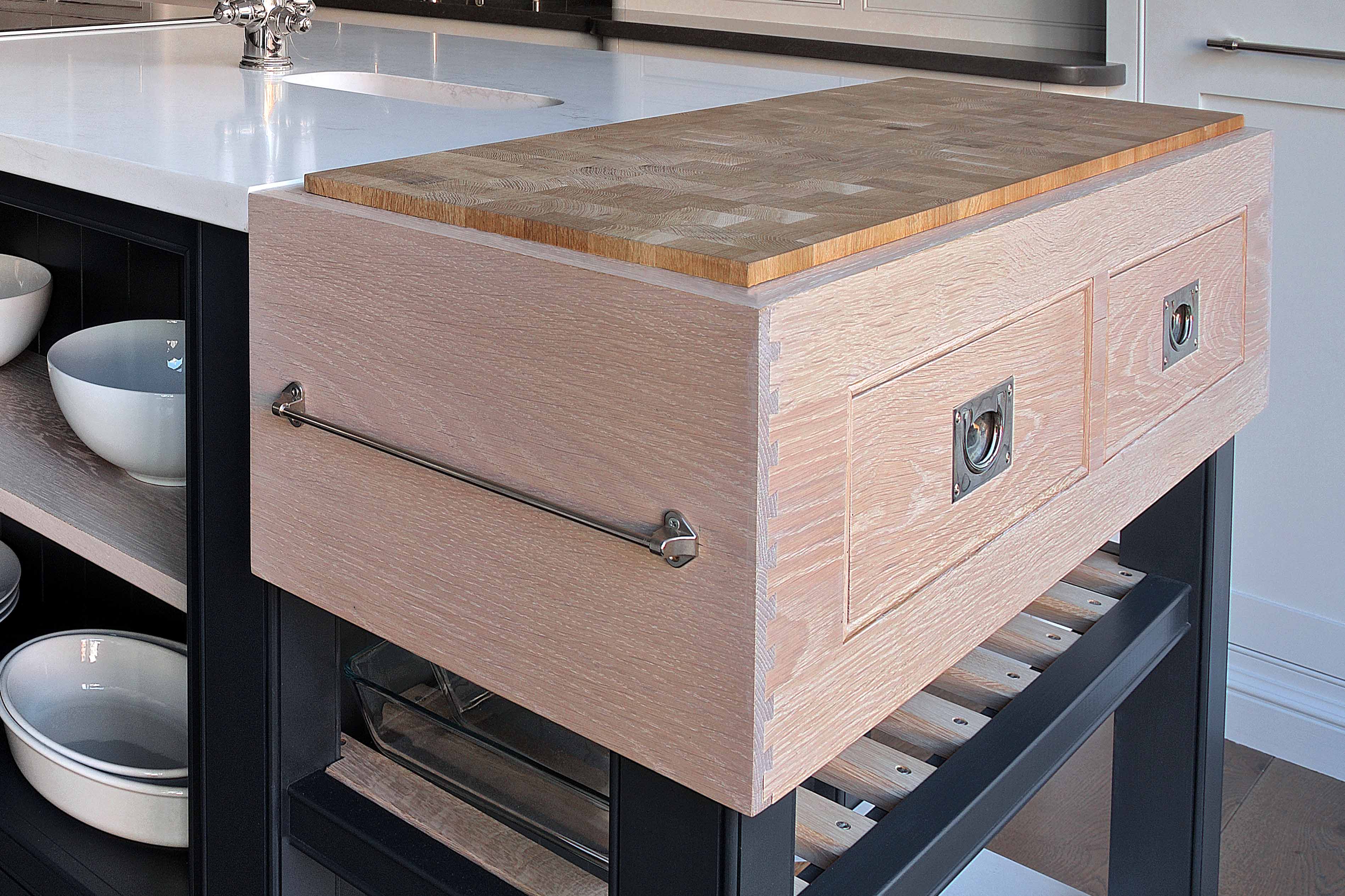 001. Bespoke kitchen shaker style butchers chopping block board Perrin and Rowe prepping Armac Martin Farrow and Ball near Farnham, Surrey