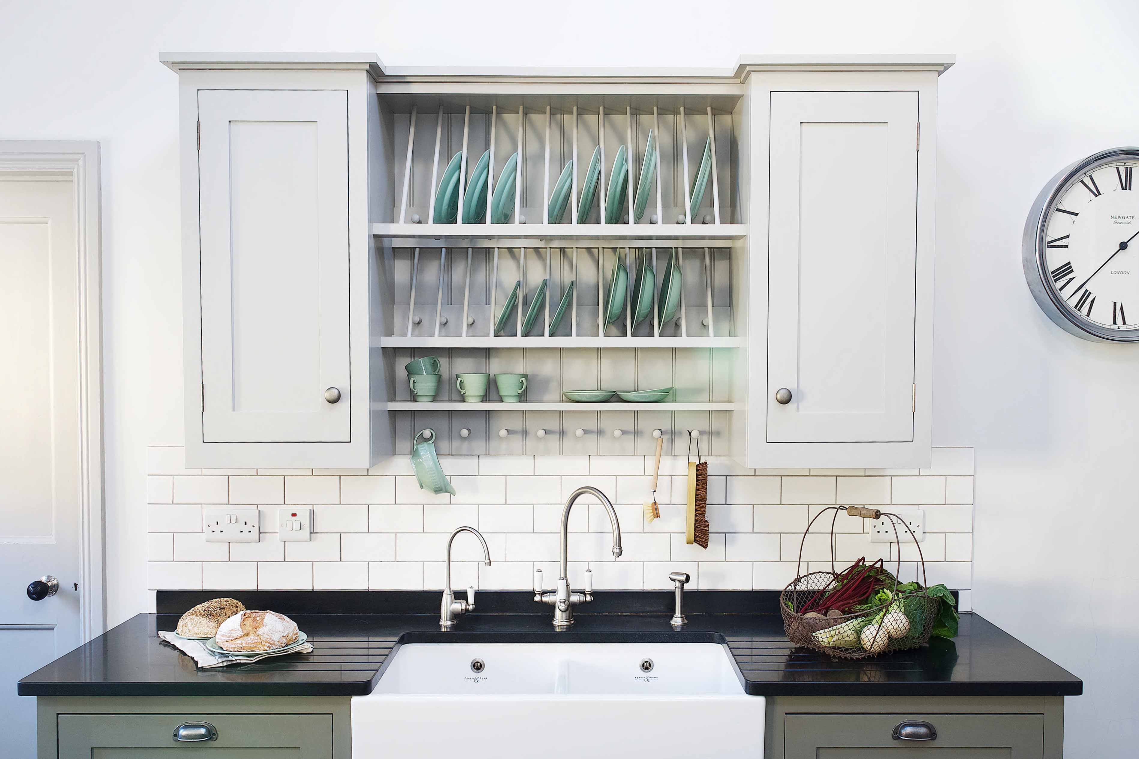 001. Bespoke kitchen shaker style crockery china rack tray cabinet storage pull out Perrin and Rowe Armac Martin Farrow and Ball near Winchester, Hampshire