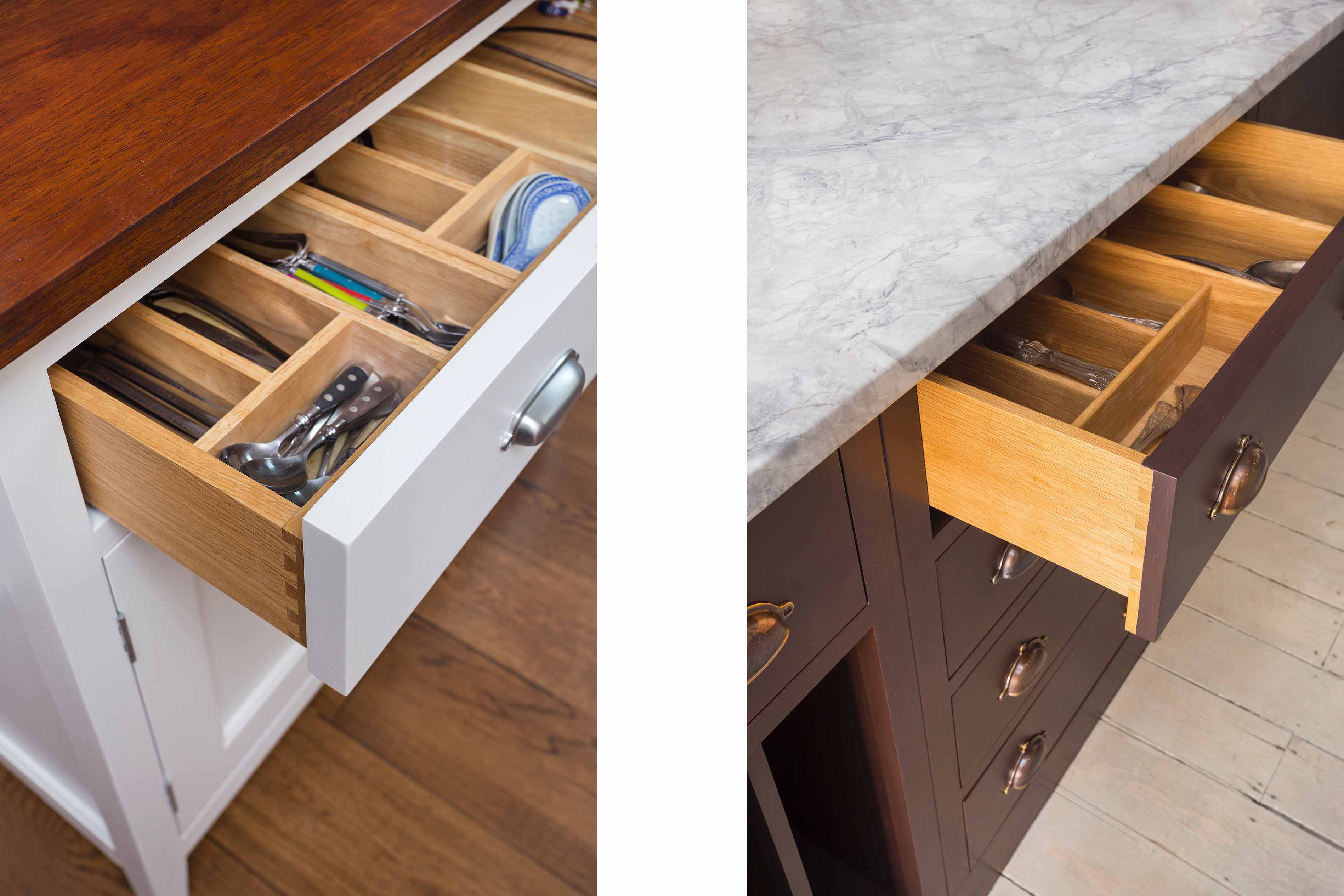 001. Bespoke kitchen shaker style oak cutlery utensil partitioned divider tray Armac Martin Farrow and Ball Winchester, Hampshire