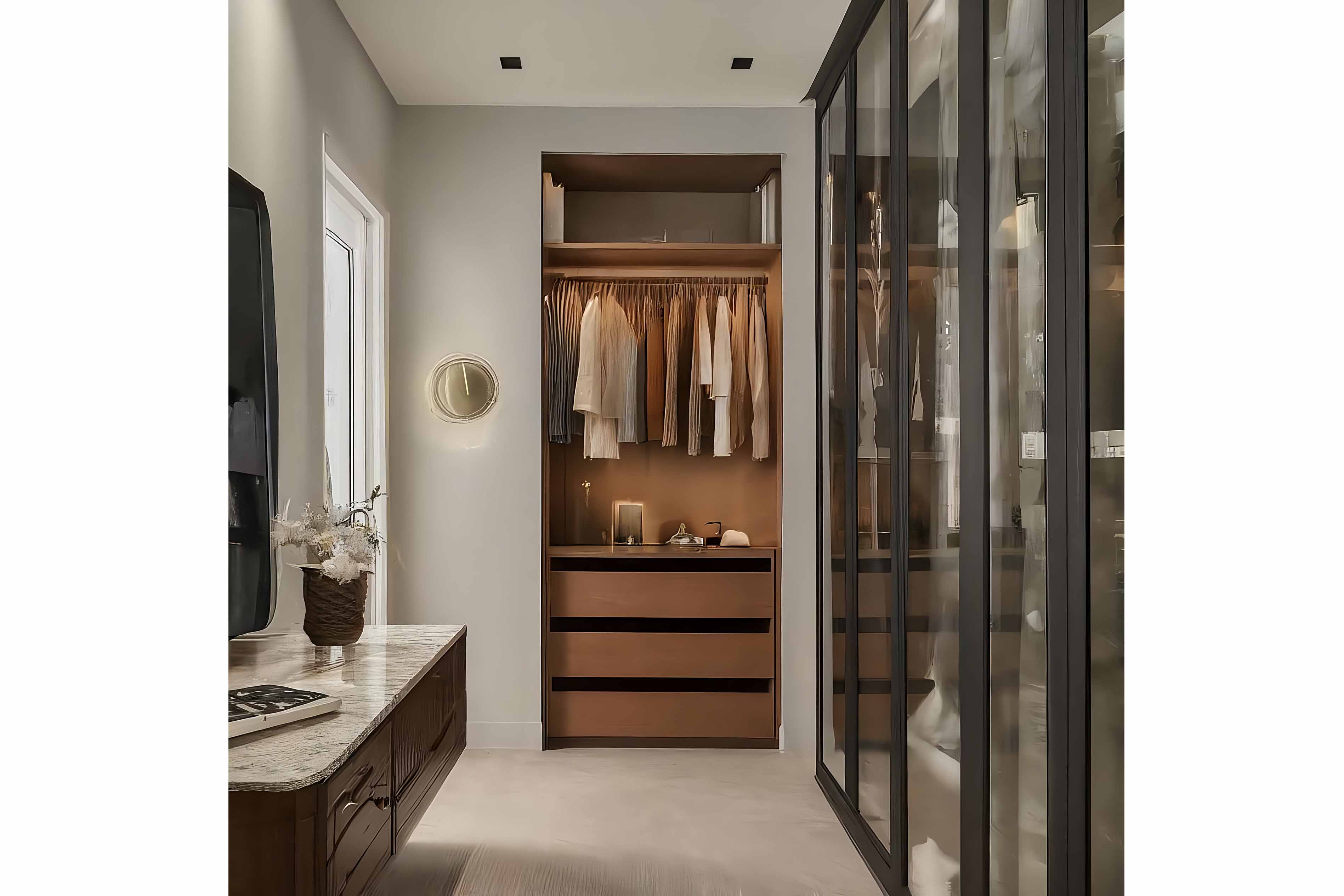 001. Bespoke fitted wardrobes his hers dressing room mylands farrow and ball armac martin glass doorless hanging en suite near Winchester Hampshire