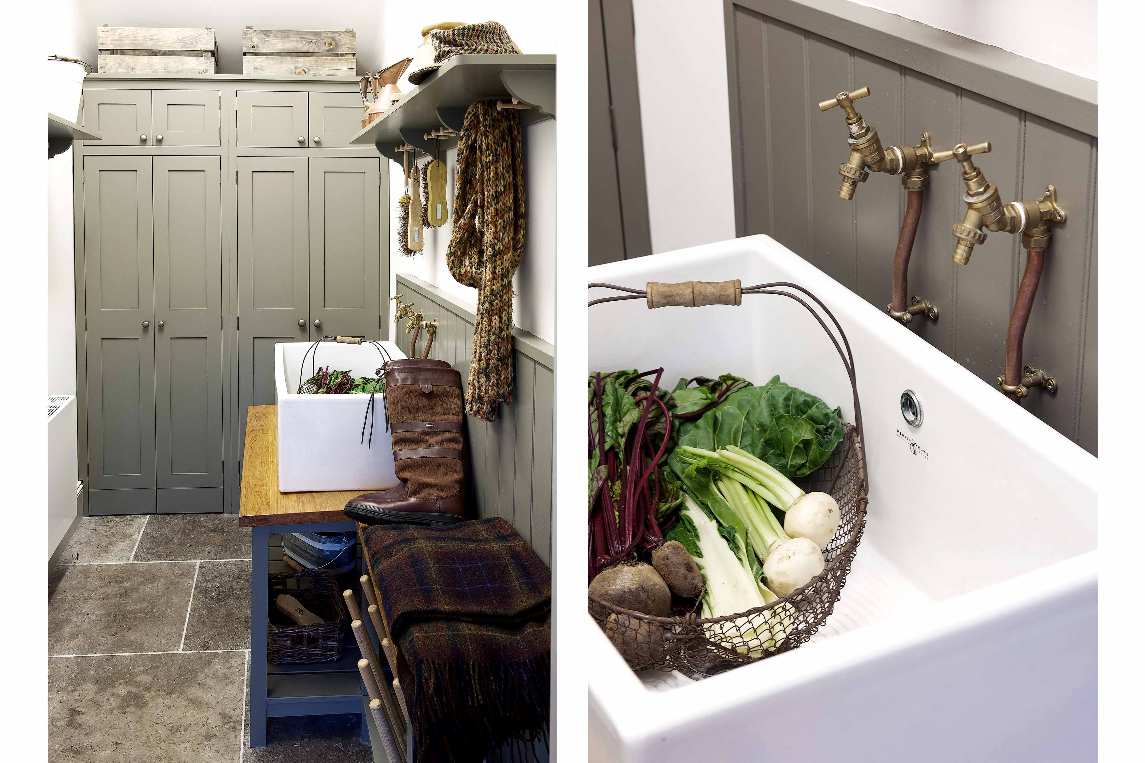 001. Traditional country shaker style bespoke mud garden boot room dog coat welly wellies farrow and ball butler sink armac martin brass copper near Guildford Surrey