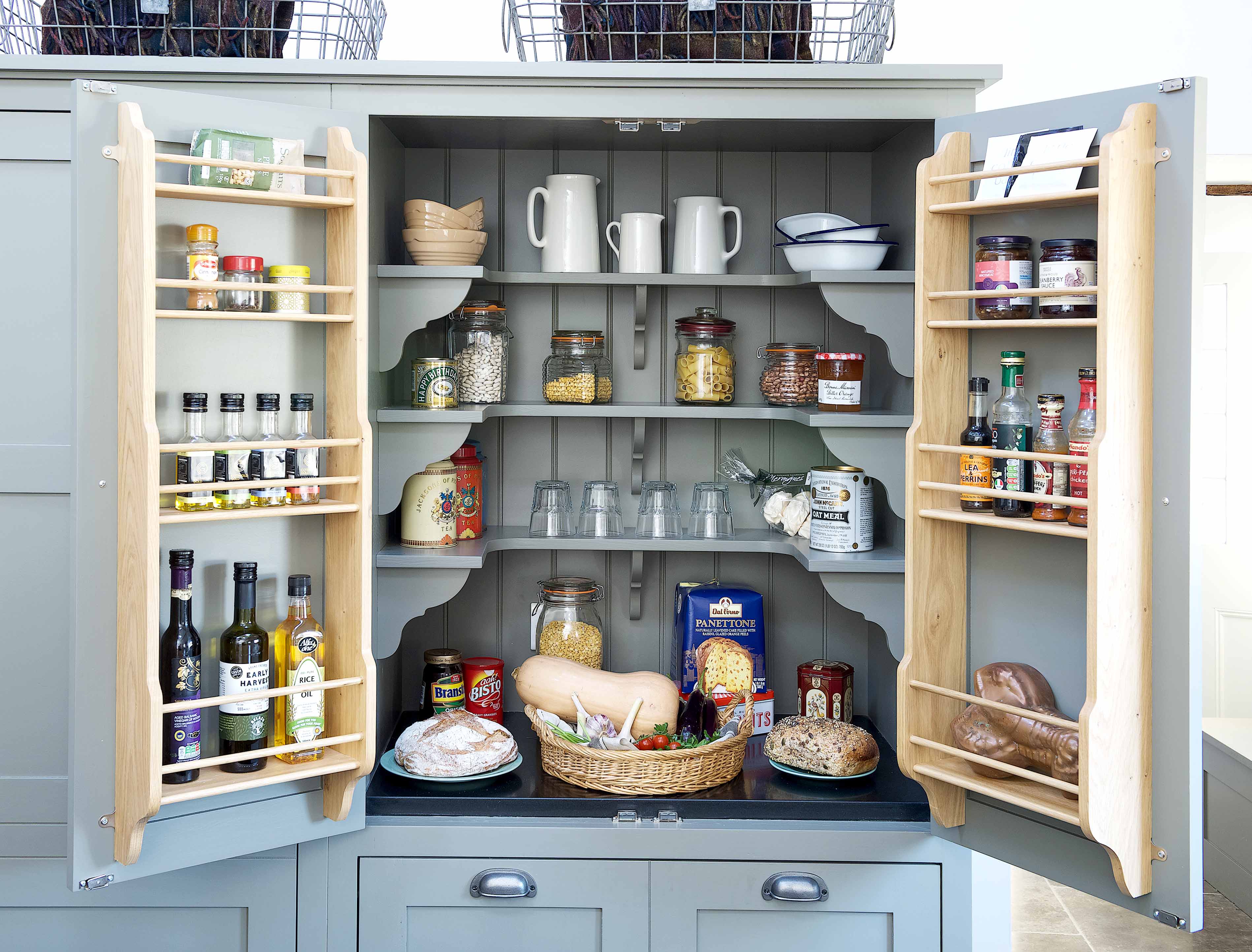001. Bespoke kitchen shaker style Armac Martin larder pantry food store cabinet Farrow and Ball Mylands spice oil rack near Hook, Hampshire