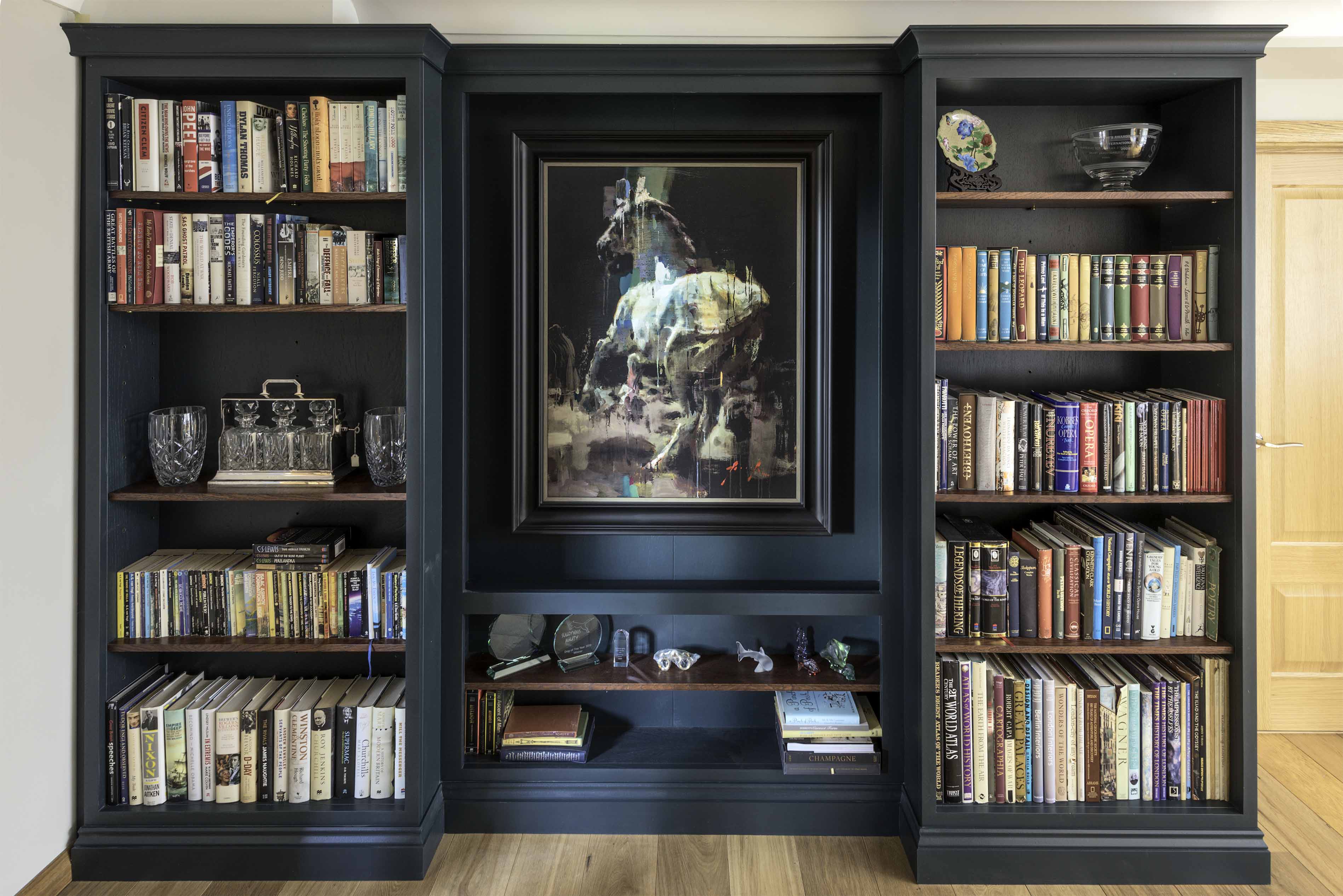 001. Lounge dining room alcove bespoke joinery cabinets library book case hand painted classic farrow and ball Farnham Surrey