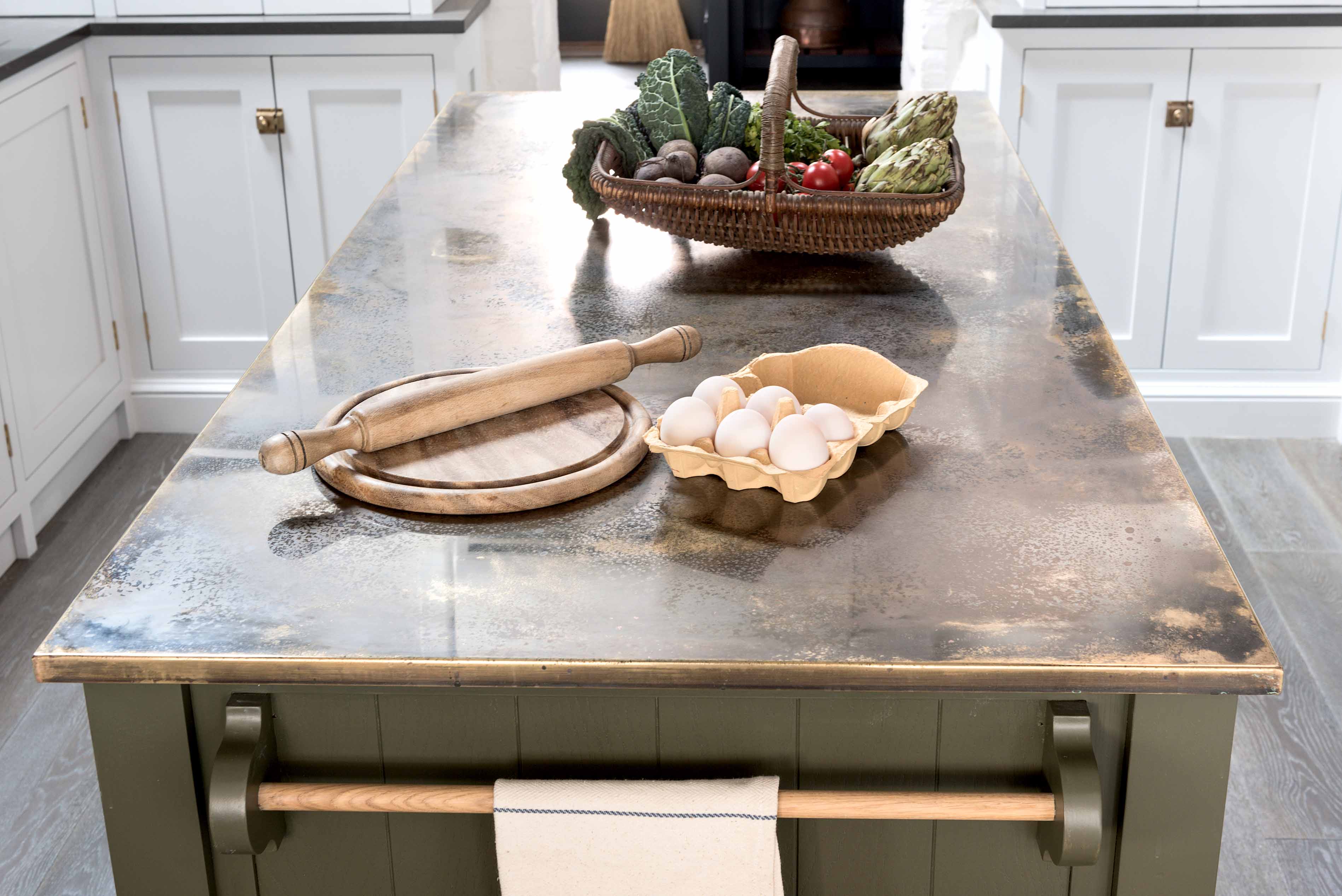 001. Bespoke kitchen shaker style metal brass copper zinc stainless steel work top surface splash back Armac Martin Farrow and Ball Mylands near Hindhead, Hampshire