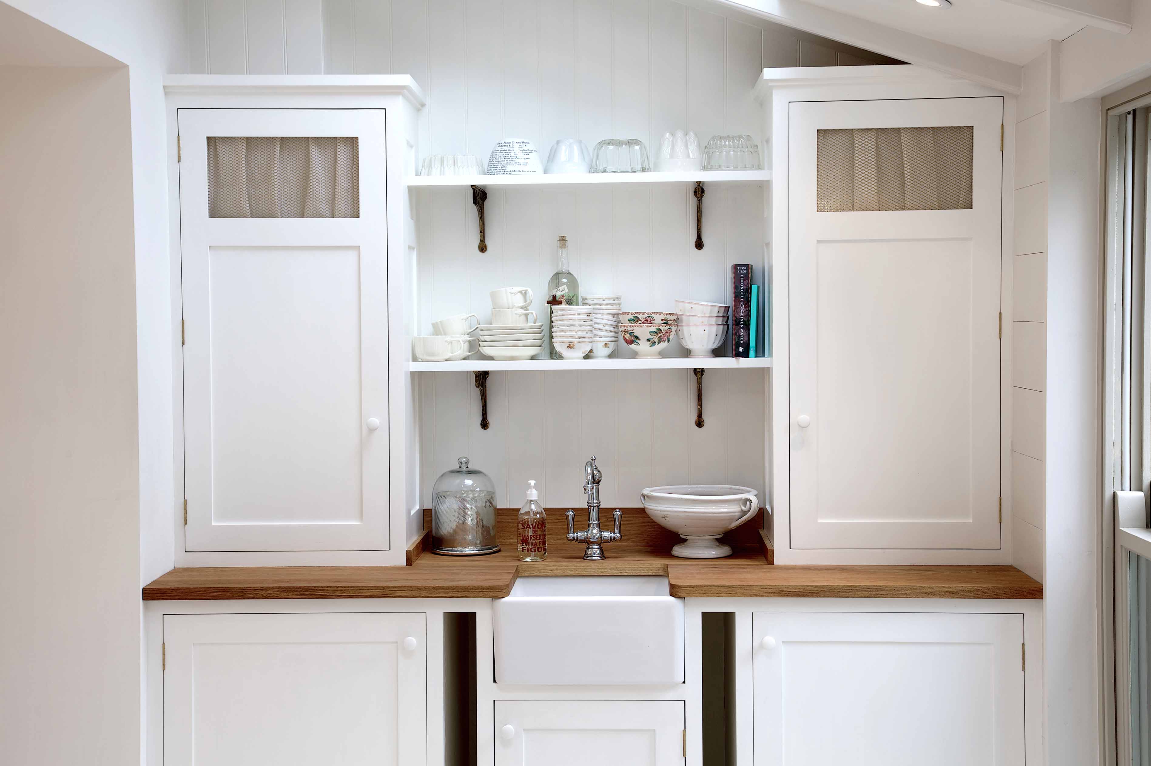 001. Shaker style country bespoke scullery kitchen Perrin and Rowe armac martin Farrow and Ball brass worktop near Petworth, West Sussex