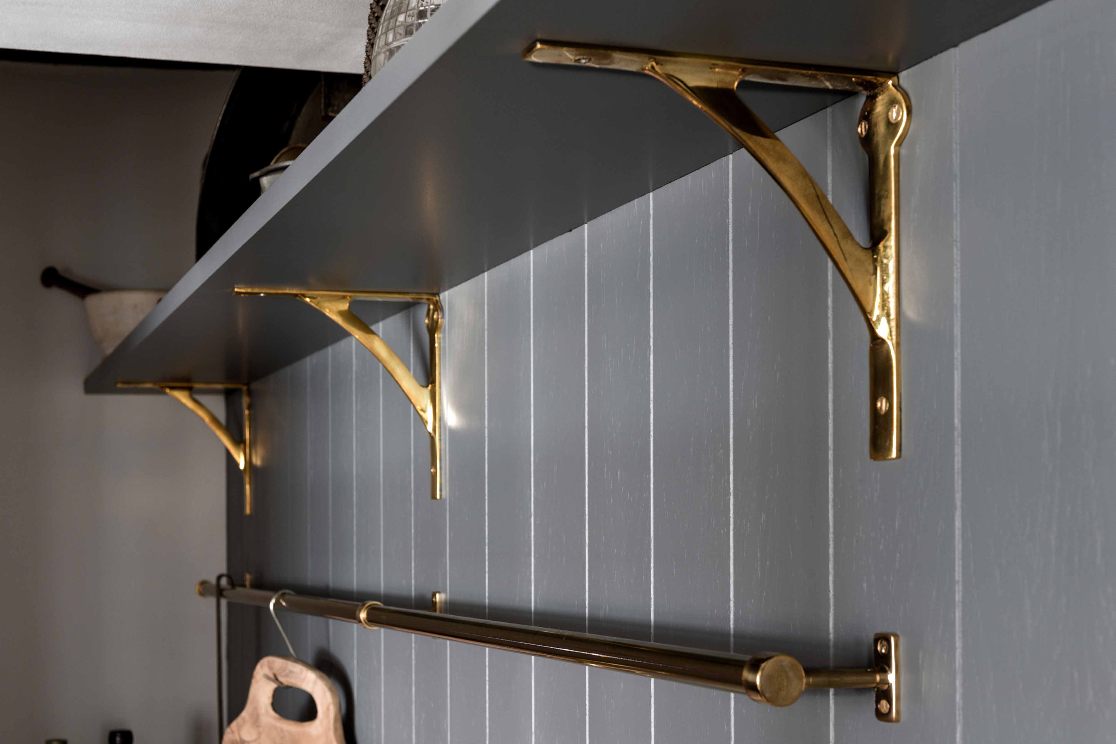 001. Bespoke kitchen shaker style brass copper iron wood shelf bracket rail support Armac Martin Farrow and Ball Mylands near Hook, Hampshire