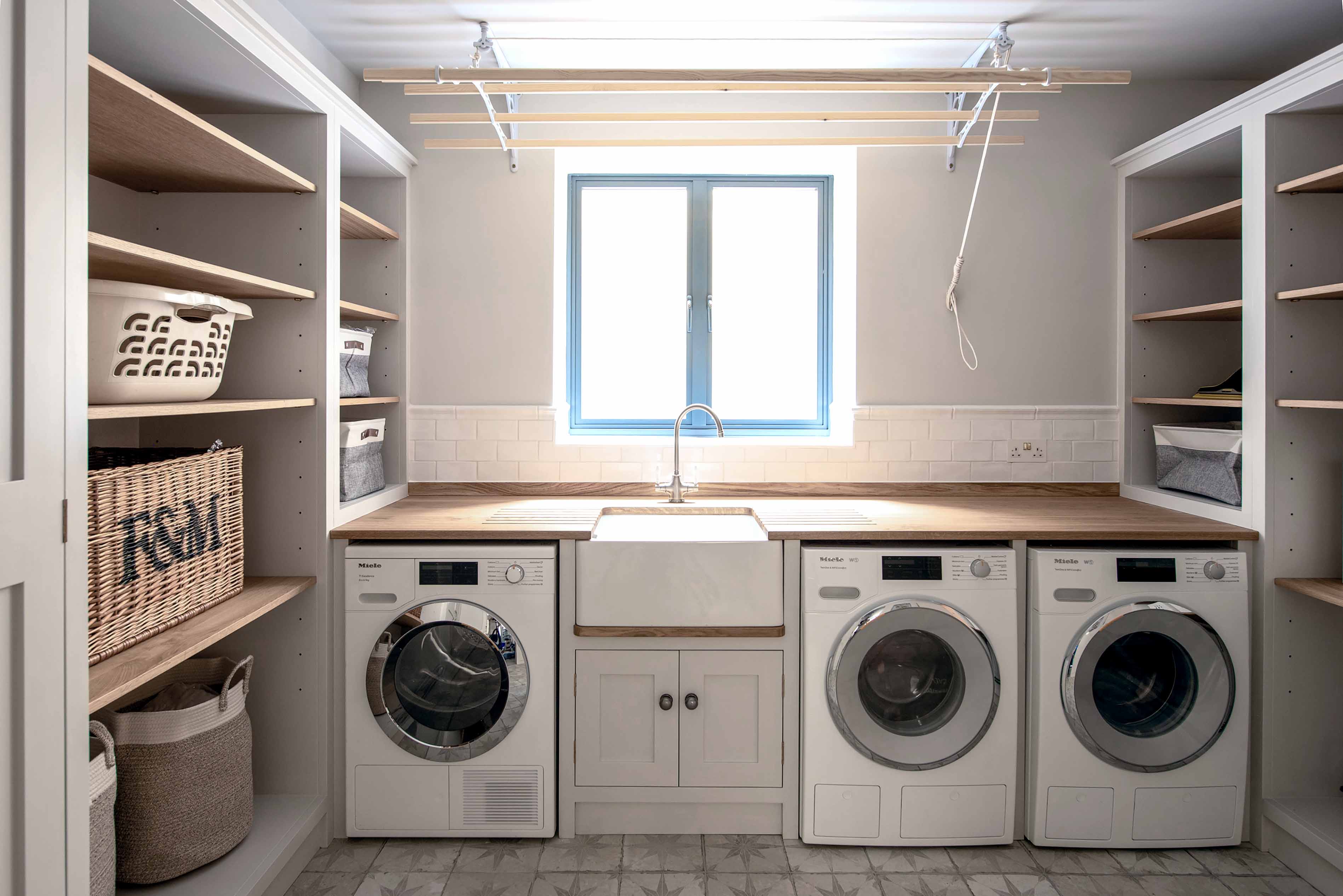 001. Bespoke utility laundry room in shaker style Mylands Farrow and Ball Clothes airer sheilas maid near Alton Hampshire