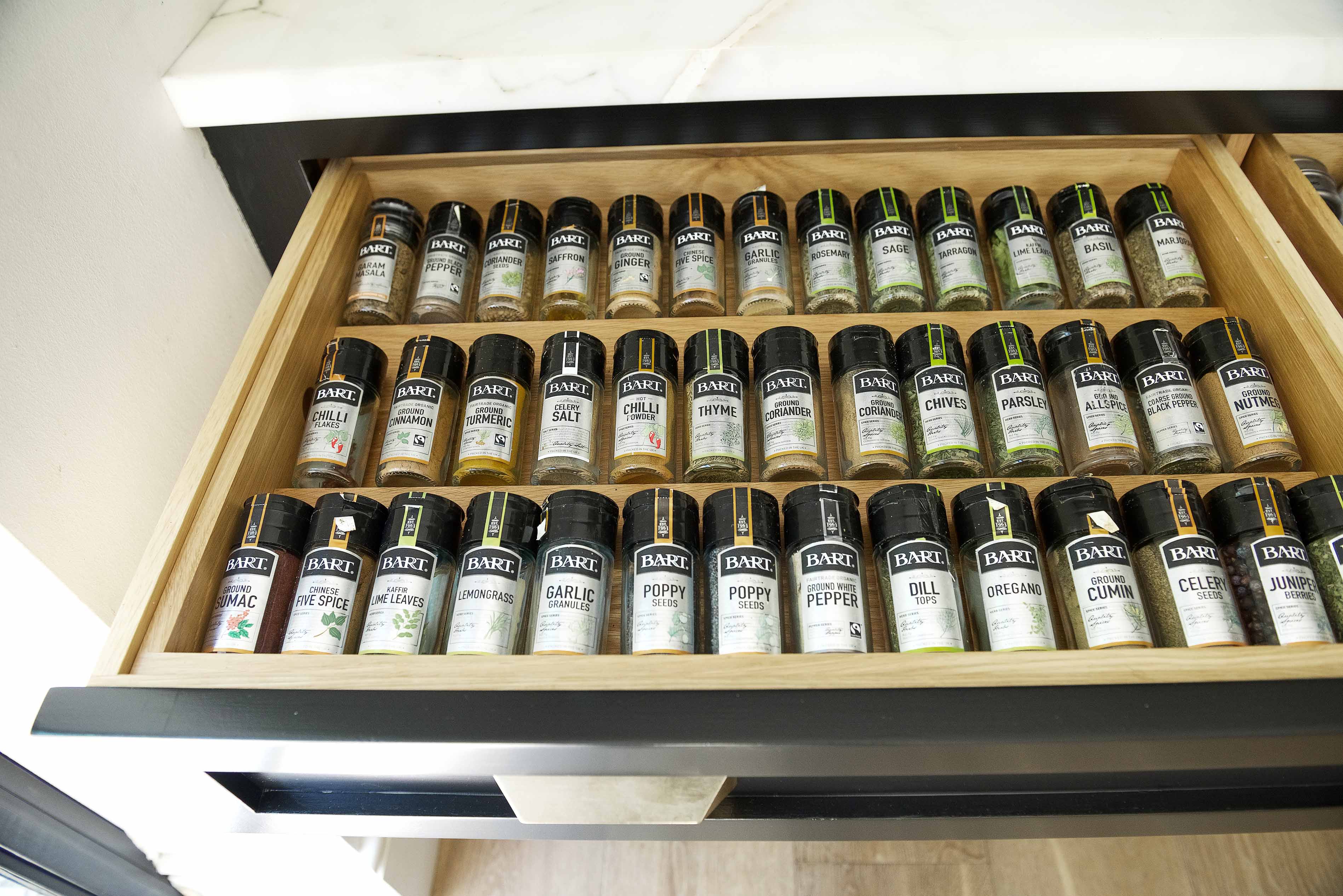 001. Bespoke kitchen shaker style utensil crockery spice rack tray cabinet storage pull out Perrin and Rowe Armac Martin Farrow and Ball near Hindhead, Hampshire