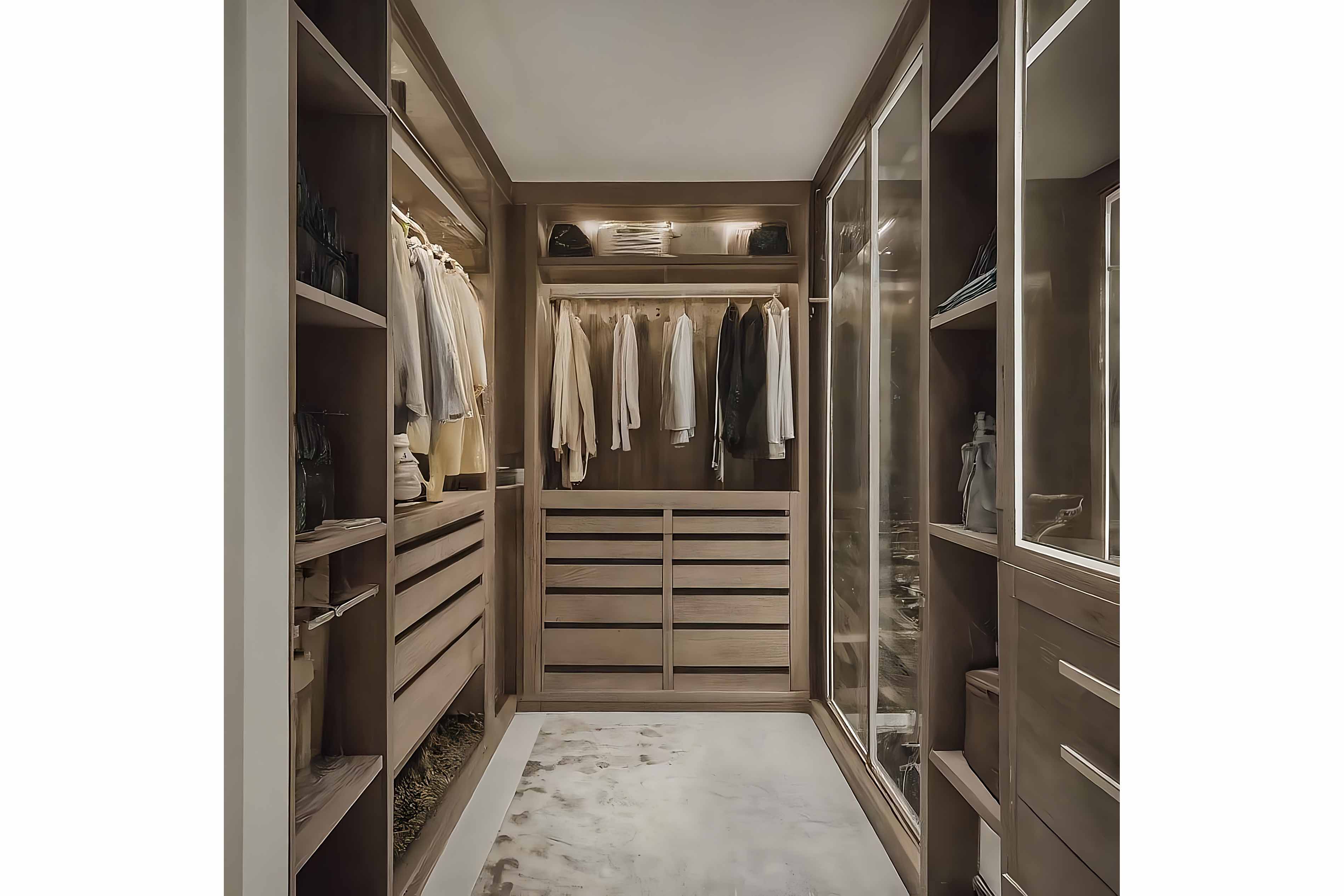 002. Bespoke fitted wardrobes his hers dressing room mylands farrow and ball armac martin glass doorless hanging en suite near Winchester Hampshire