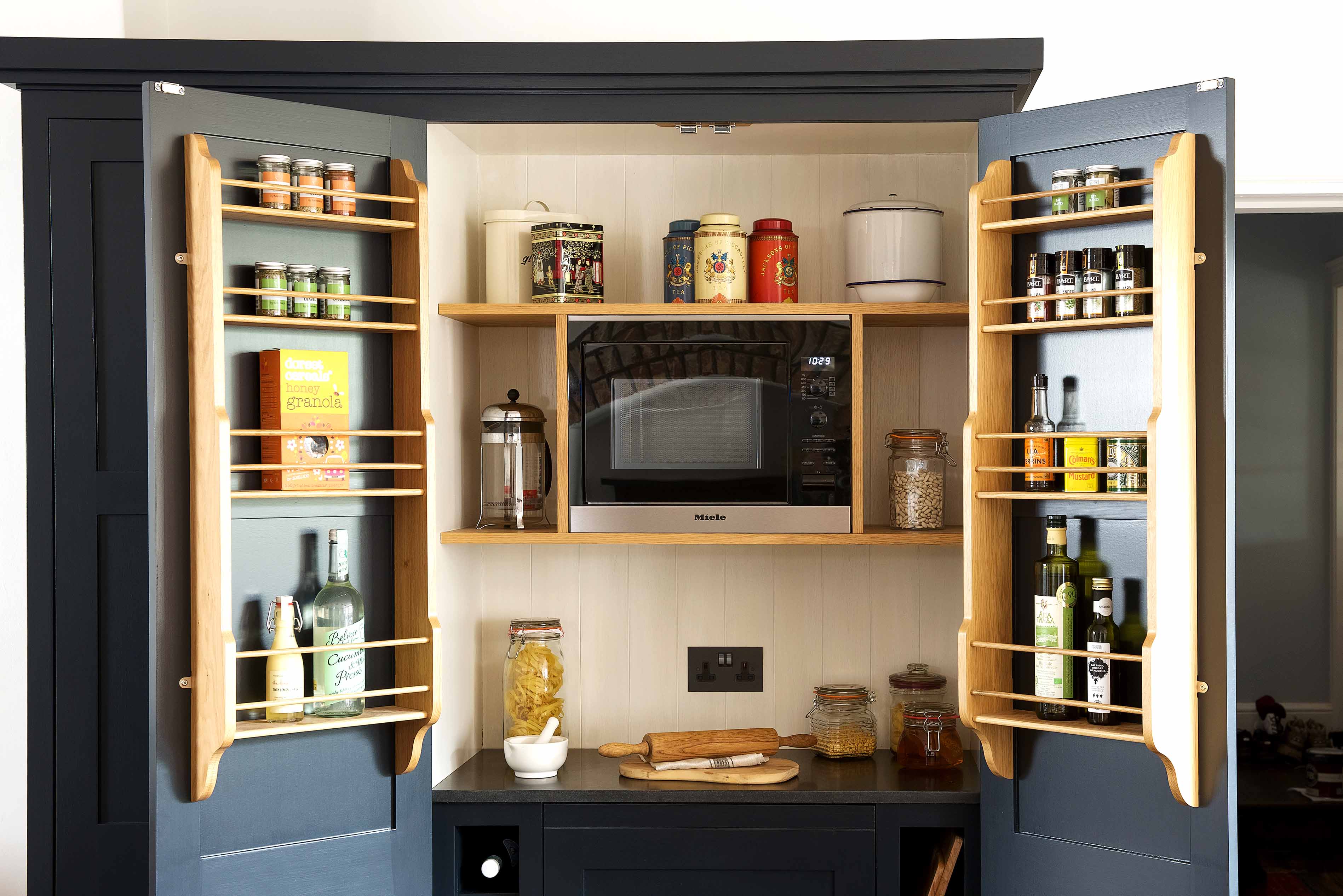 002. Bespoke kitchen shaker style larder pantry food store cabinet Armac Martin Farrow and Ball Mylands spice oil rack near Farnham, Surrey