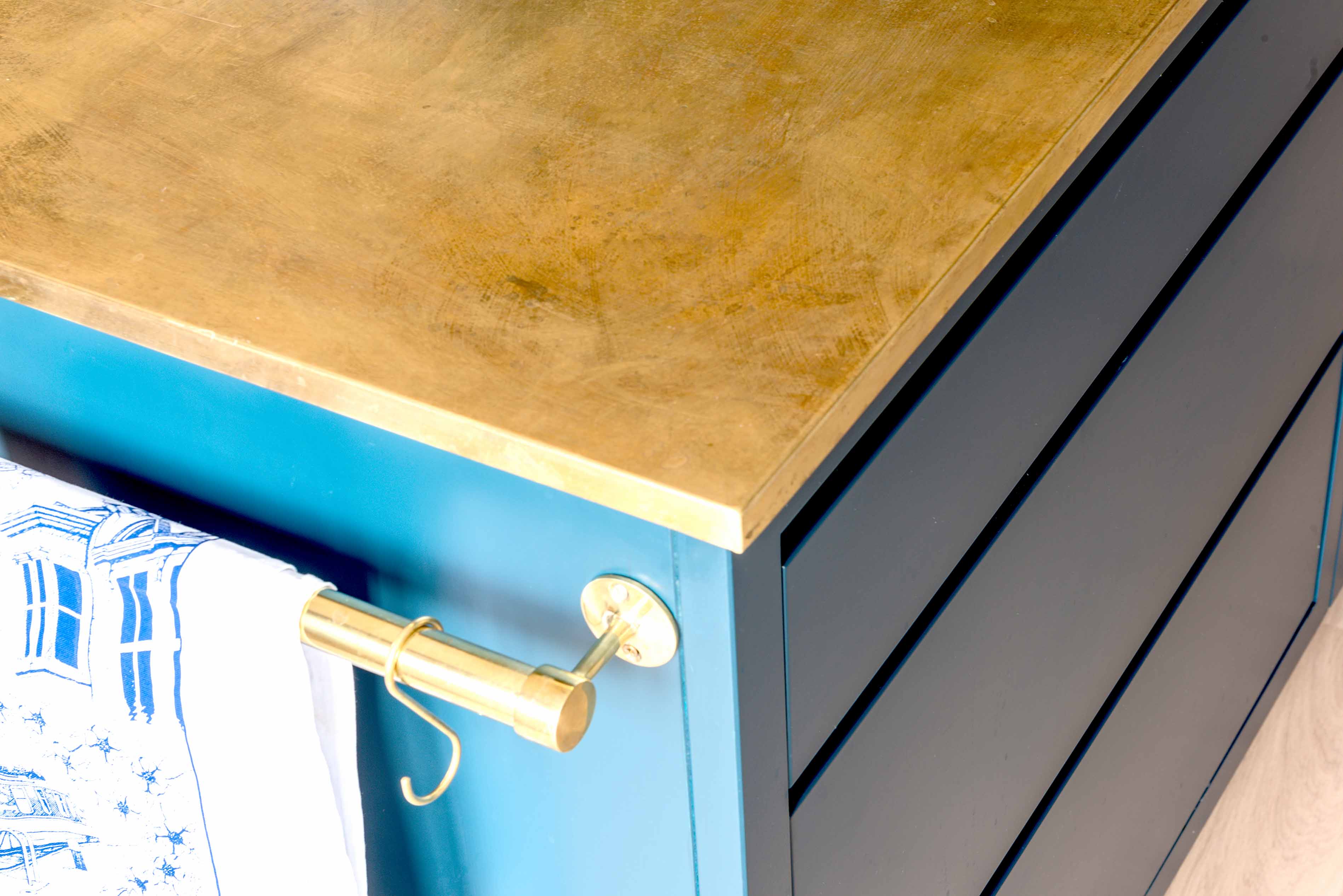 002. Bespoke kitchen shaker style metal brass copper zinc stainless steel work top surface splash back Armac Martin Farrow and Ball Mylands near Winchester, Hampshire