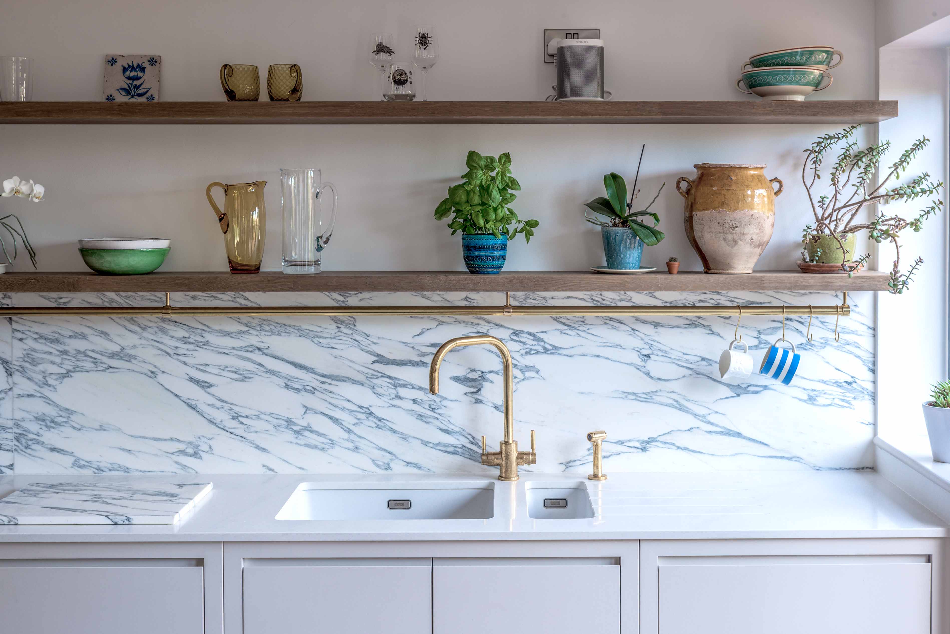 002. Bespoke kitchen shaker style quartz stone marble granite work top surface splash back Armac Martin Farrow and Ball Mylands near Winchester, Hampshire