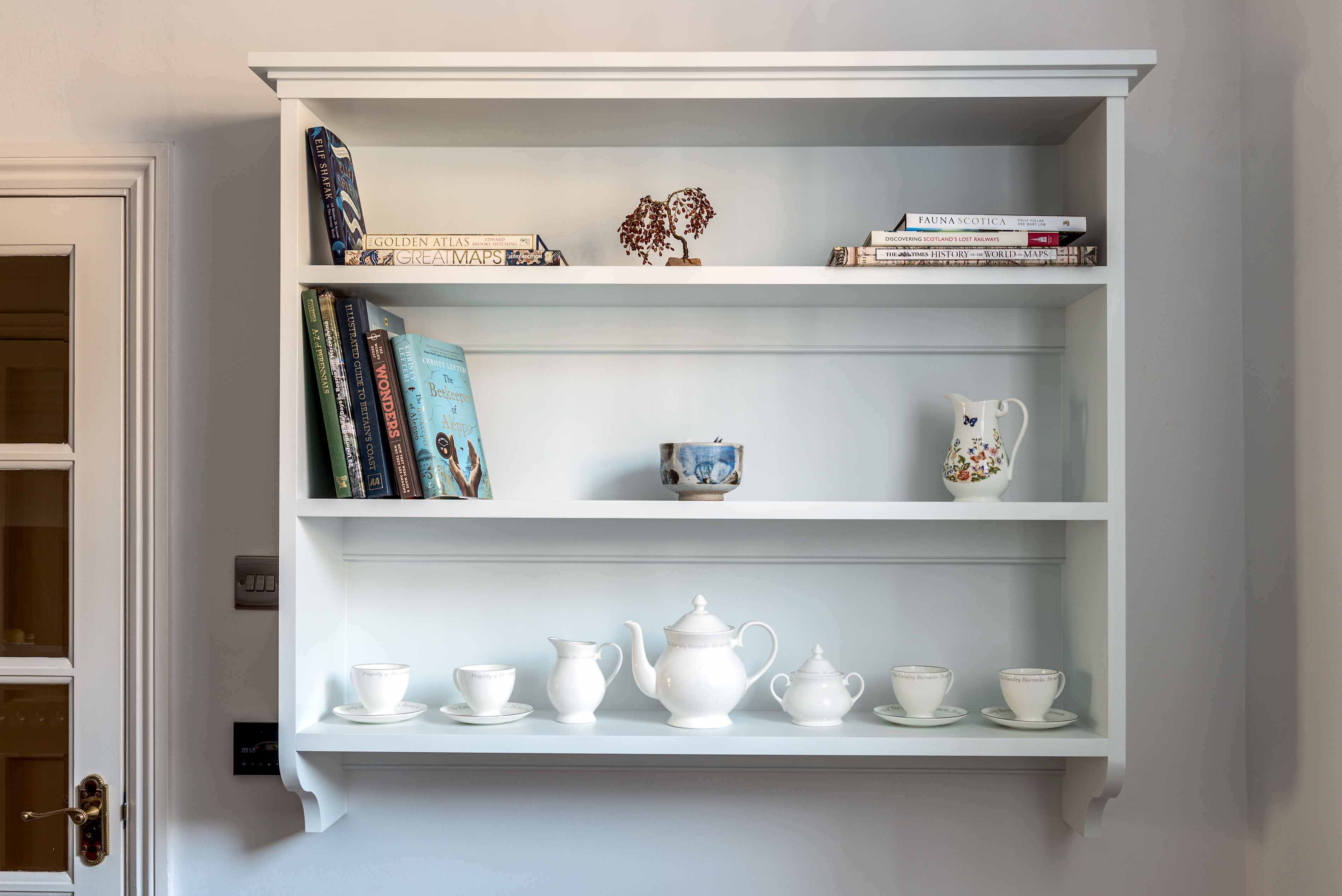 002. Bespoke kitchen shaker style brass copper iron wood shelf bracket rail support Armac Martin Farrow and Ball Mylands near Farnham, Surrey