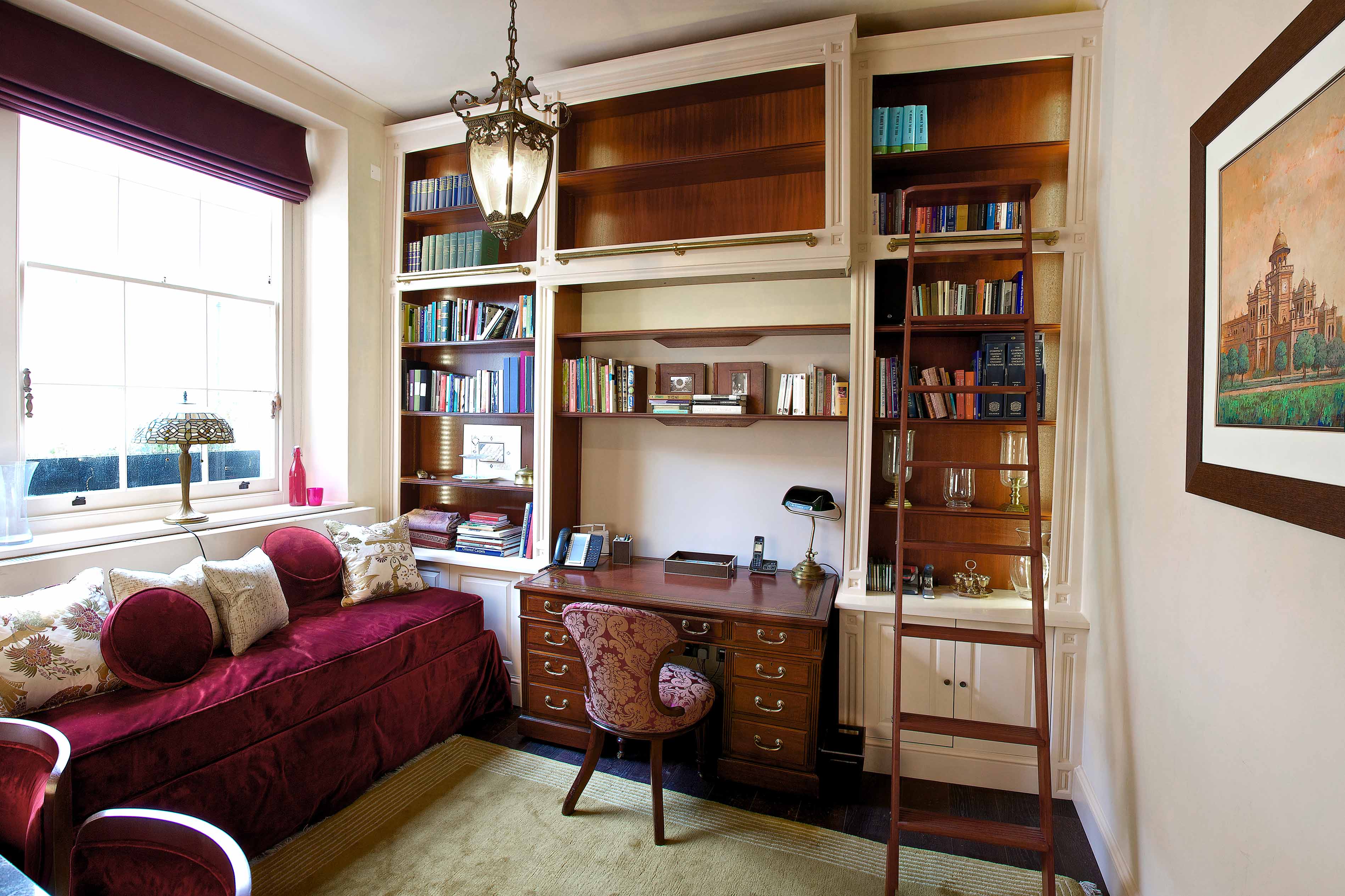 002. Bespoke library study book case desk ladder rail Perrin and Rowe Armac Martin Farrow and Ball near London