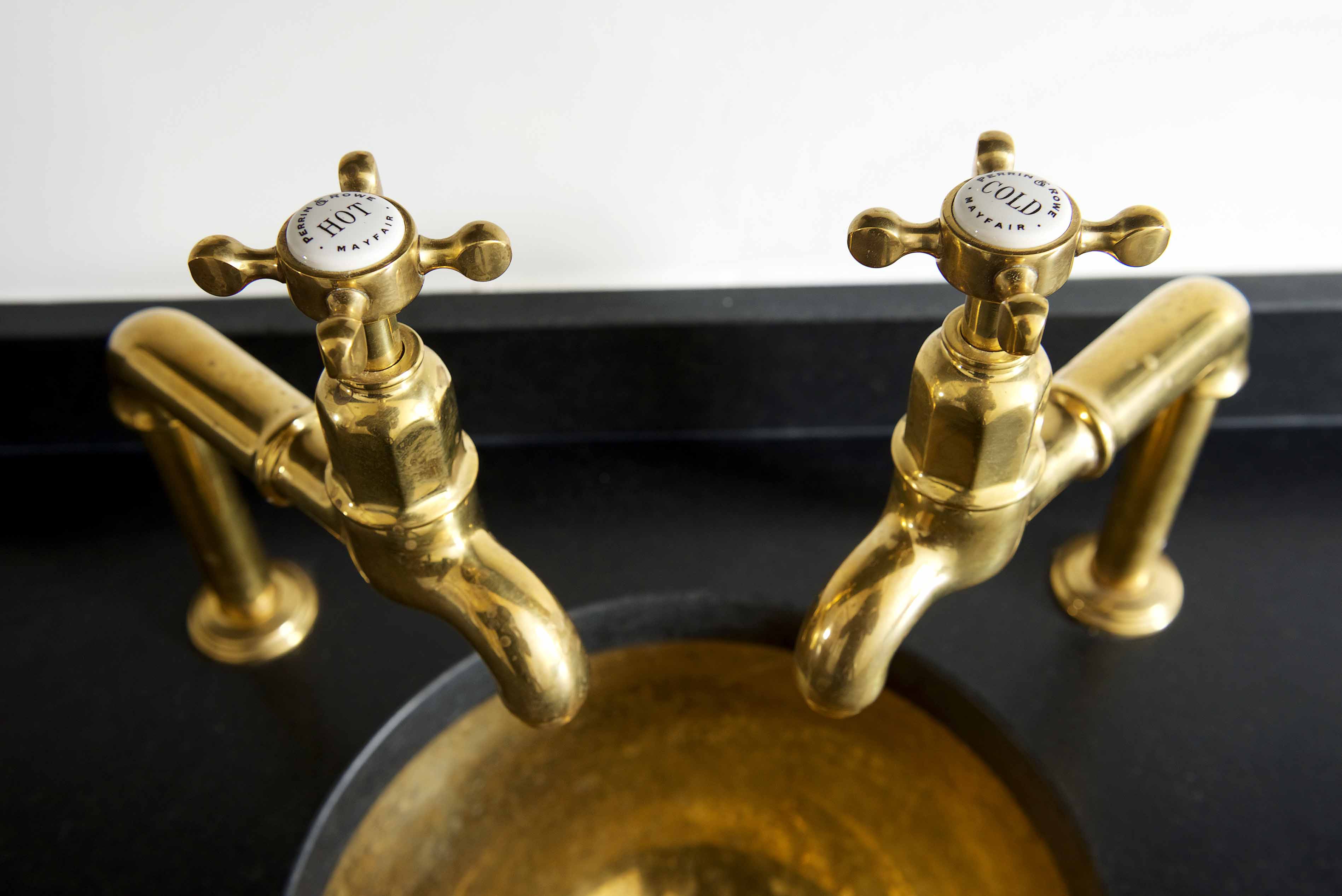 001. Bespoke kitchen shaker style antique aged brass sink Perrin and Rowe Quooker Cross head Farrow and Ball near Farnham, Surrey