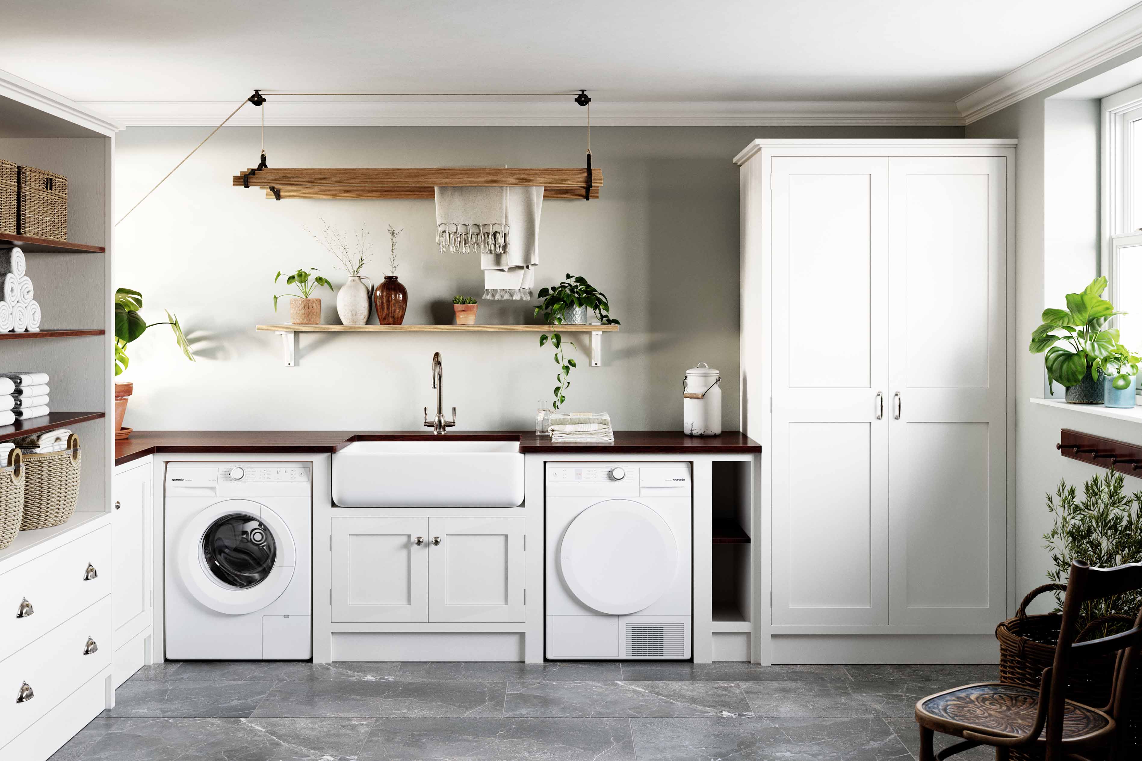 002. Bespoke utility laundry room in shaker style Mylands Farrow and Ball Clothes airer sheilas maid near Sunningdale, Berkshire