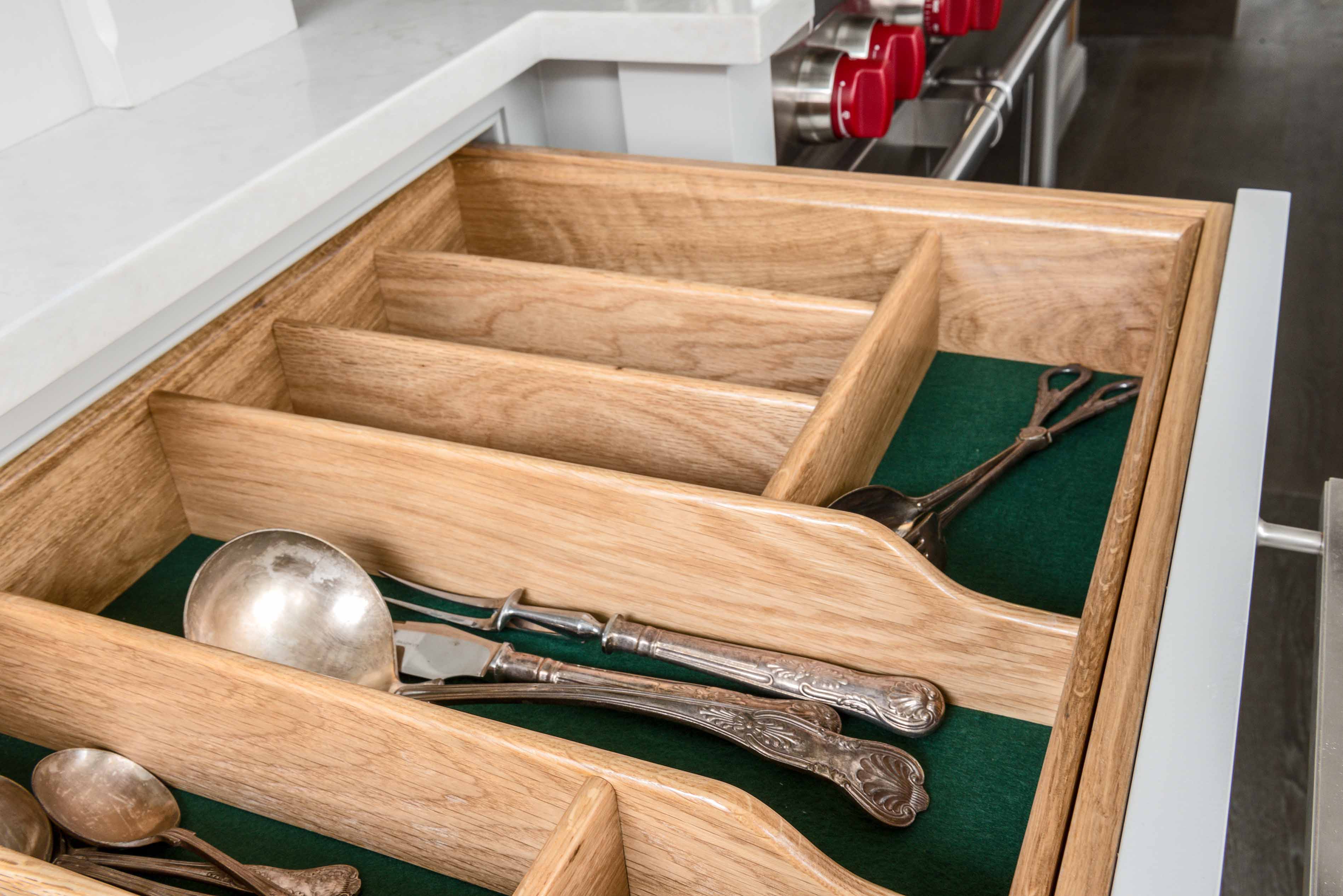 003. Bespoke kitchen shaker style oak cutlery utensil partitioned divider tray Armac Martin Farrow and Ball near Guildford, Surrey