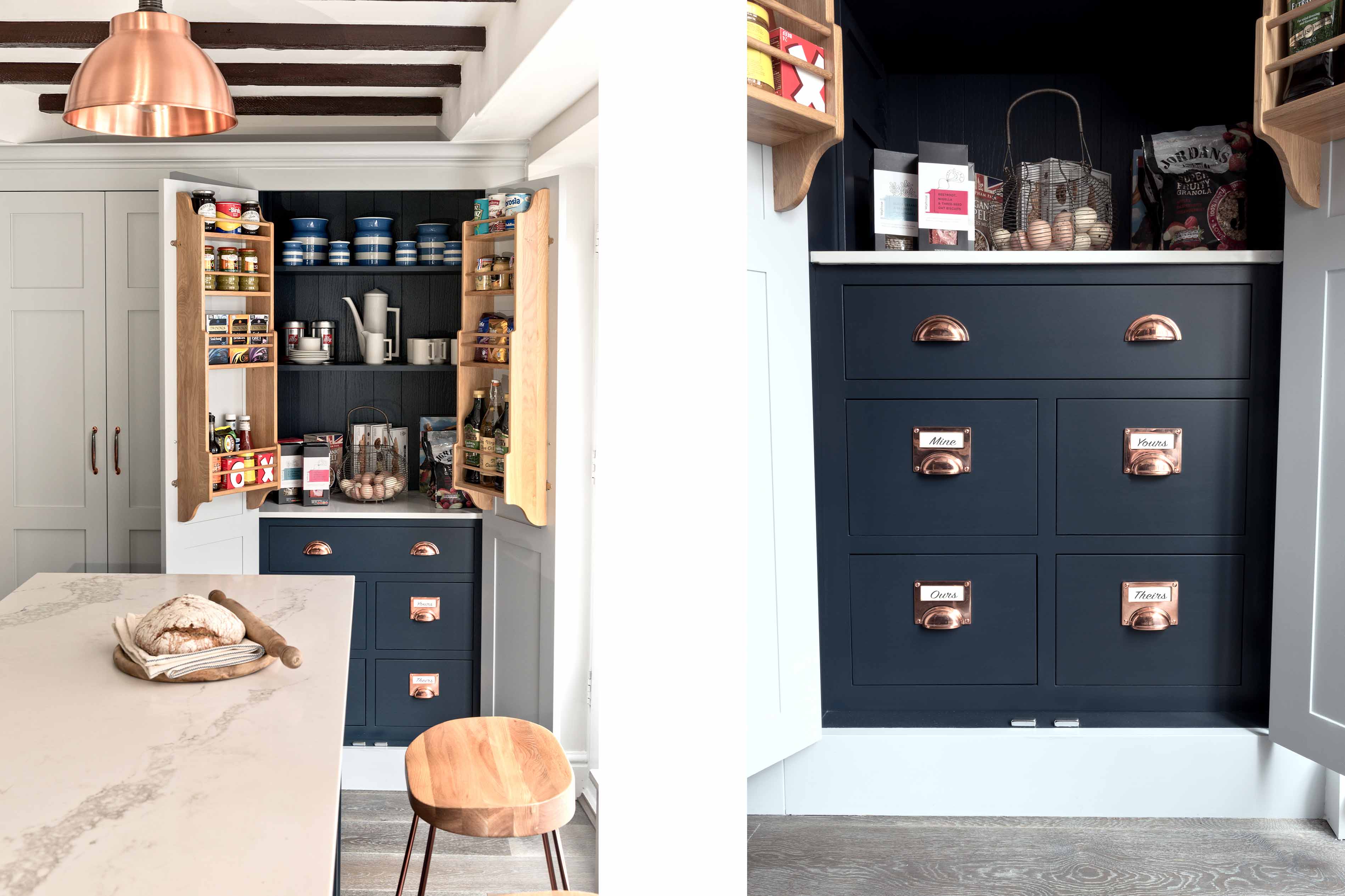 003. Bespoke kitchen shaker style larder pantry food store cabinet Armac Martin Farrow and Ball Mylands spice oil rack near Guildford, Surrey