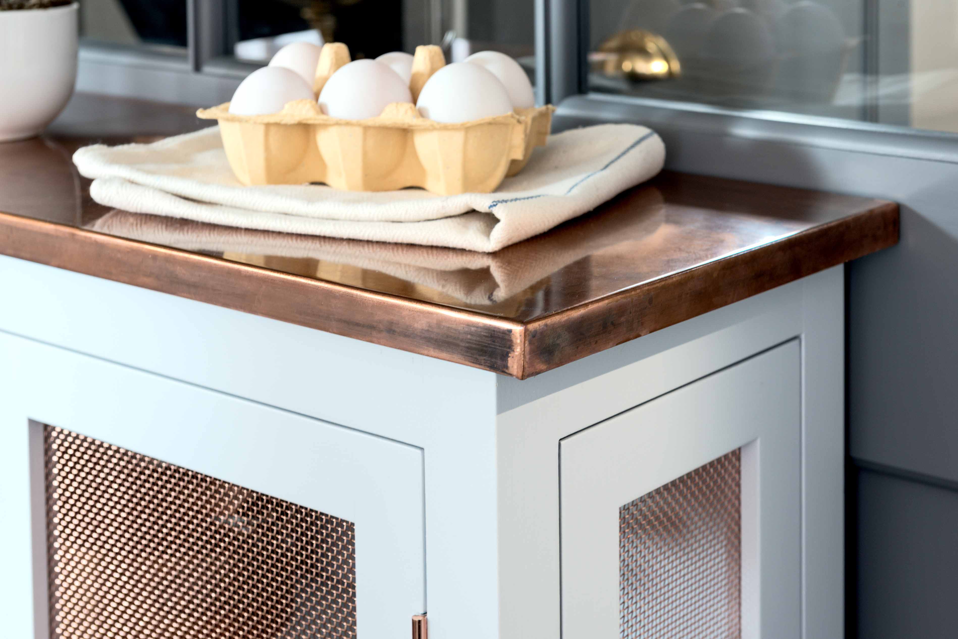 003. Bespoke kitchen shaker style metal brass copper zinc stainless steel work top surface splash back Armac Martin Farrow and Ball Mylands near Guildford, Surrey