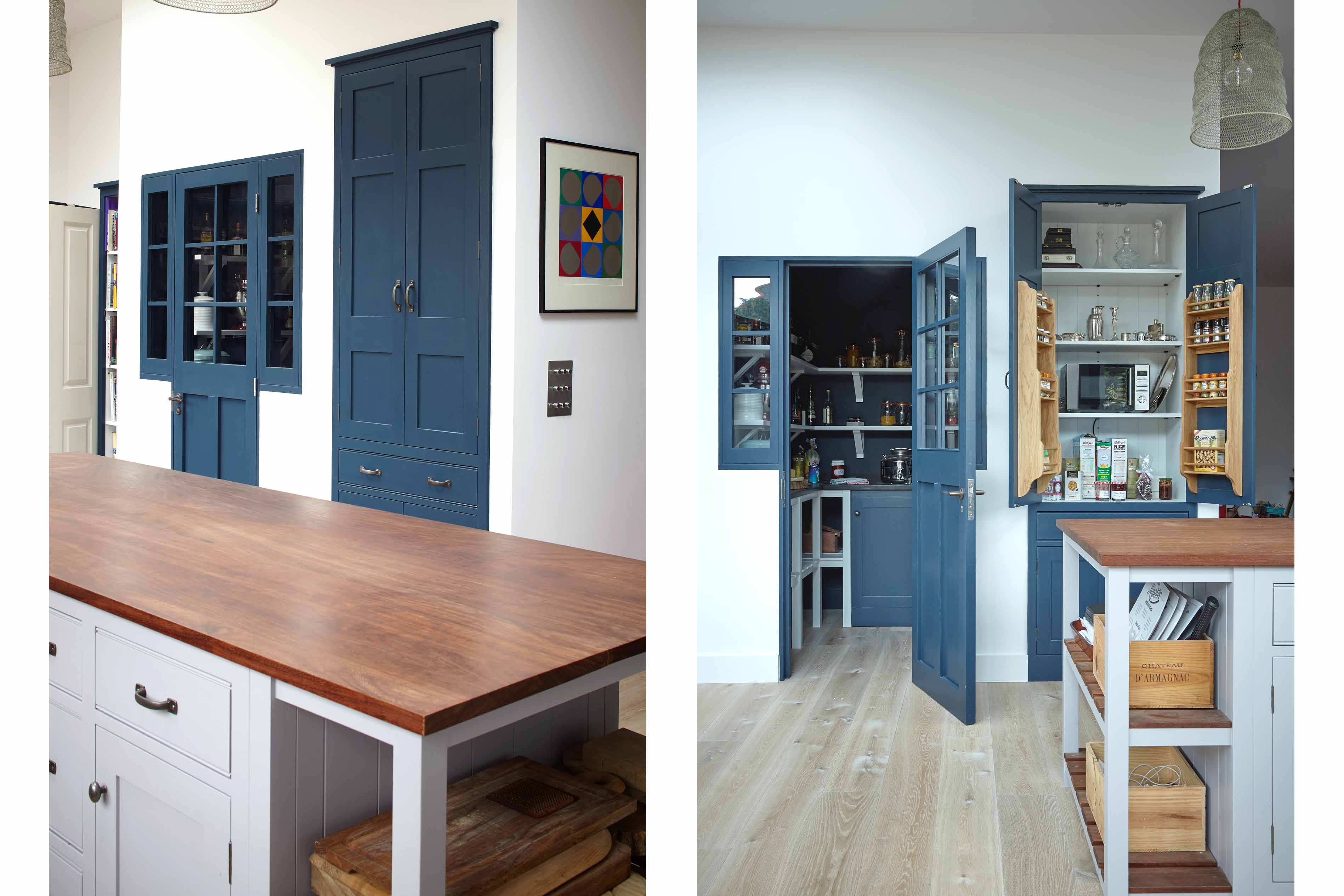 003. Bespoke pantry larder shaker style Farrow and Ball Mylands copper brass vegetable crates Perrin and Rowe Armac Martin near Winchester Hampshire