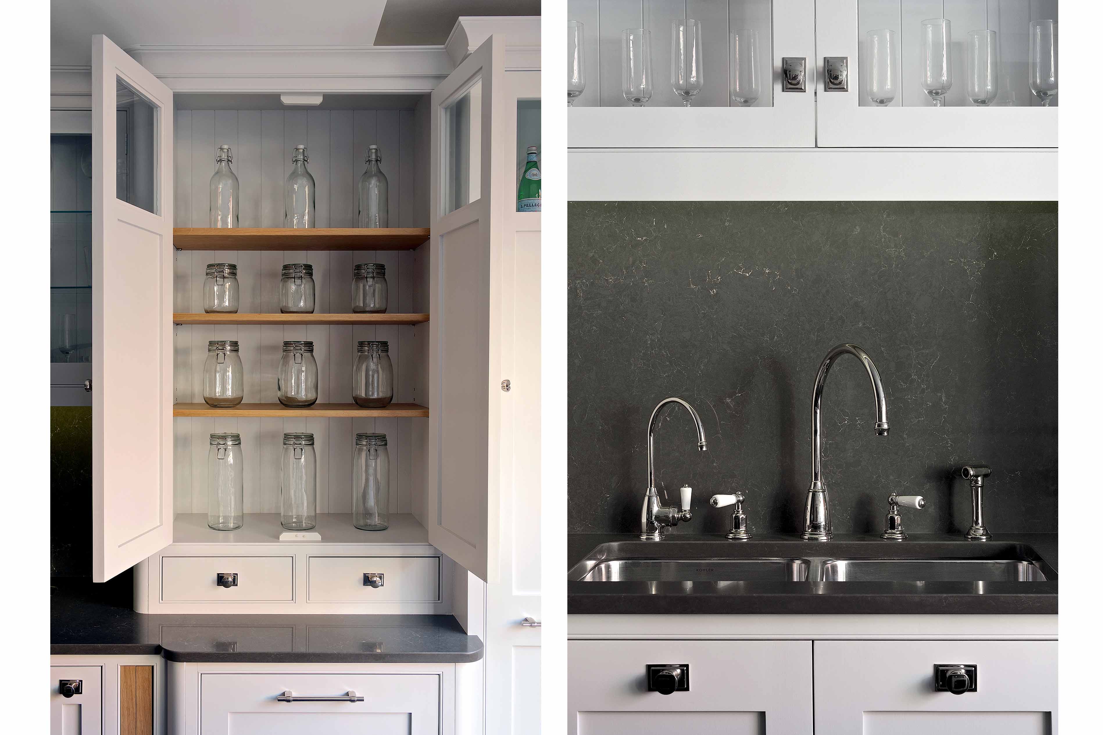 003. Shaker style country bespoke scullery kitchen Perrin and Rowe Armac Martin Farrow and Ball brass copper worktop near Midhurst, West Sussex