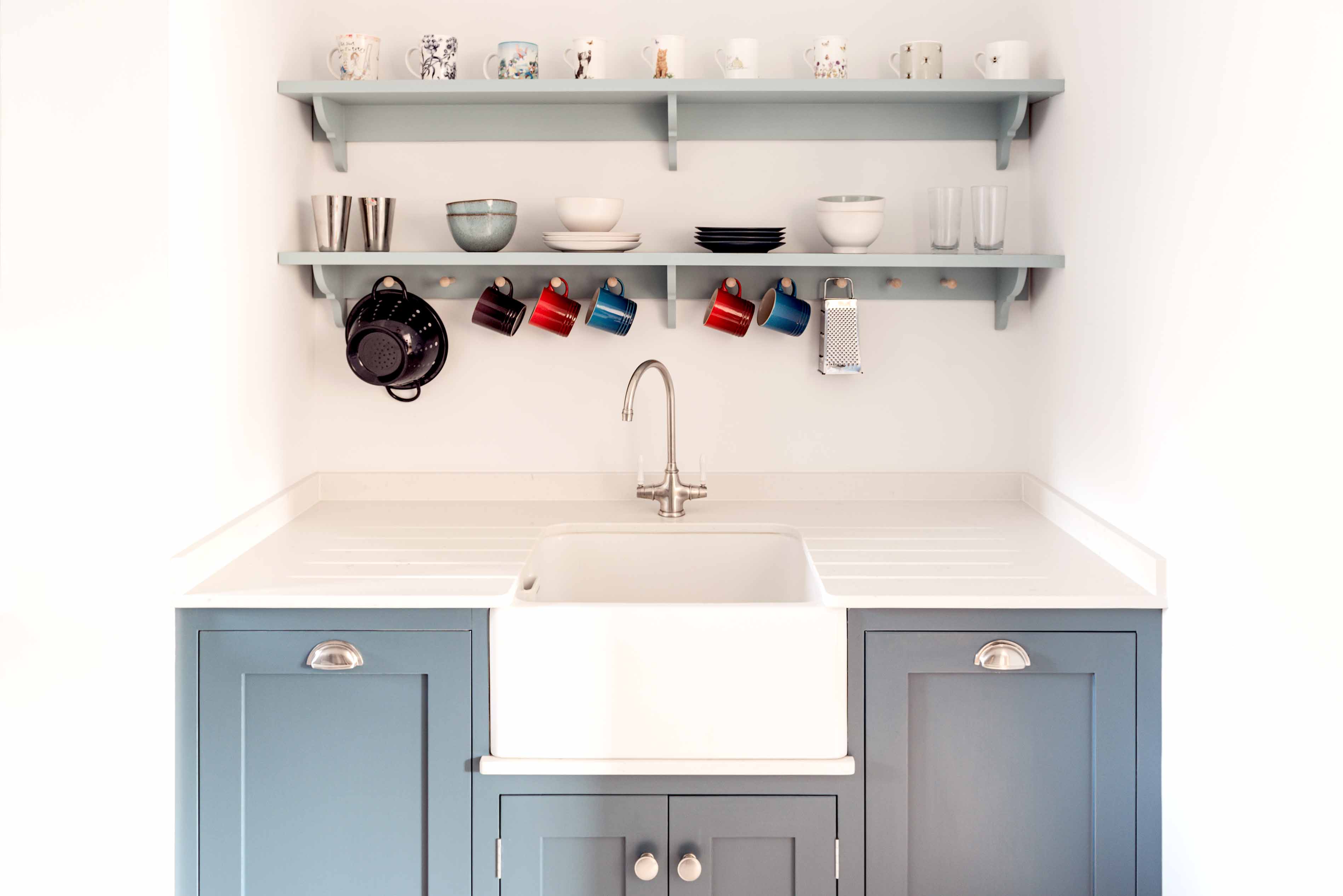 003. Bespoke kitchen shaker style brass copper iron wood shelf bracket rail support Armac Martin Farrow and Ball Mylands near Winchester, Hampshire