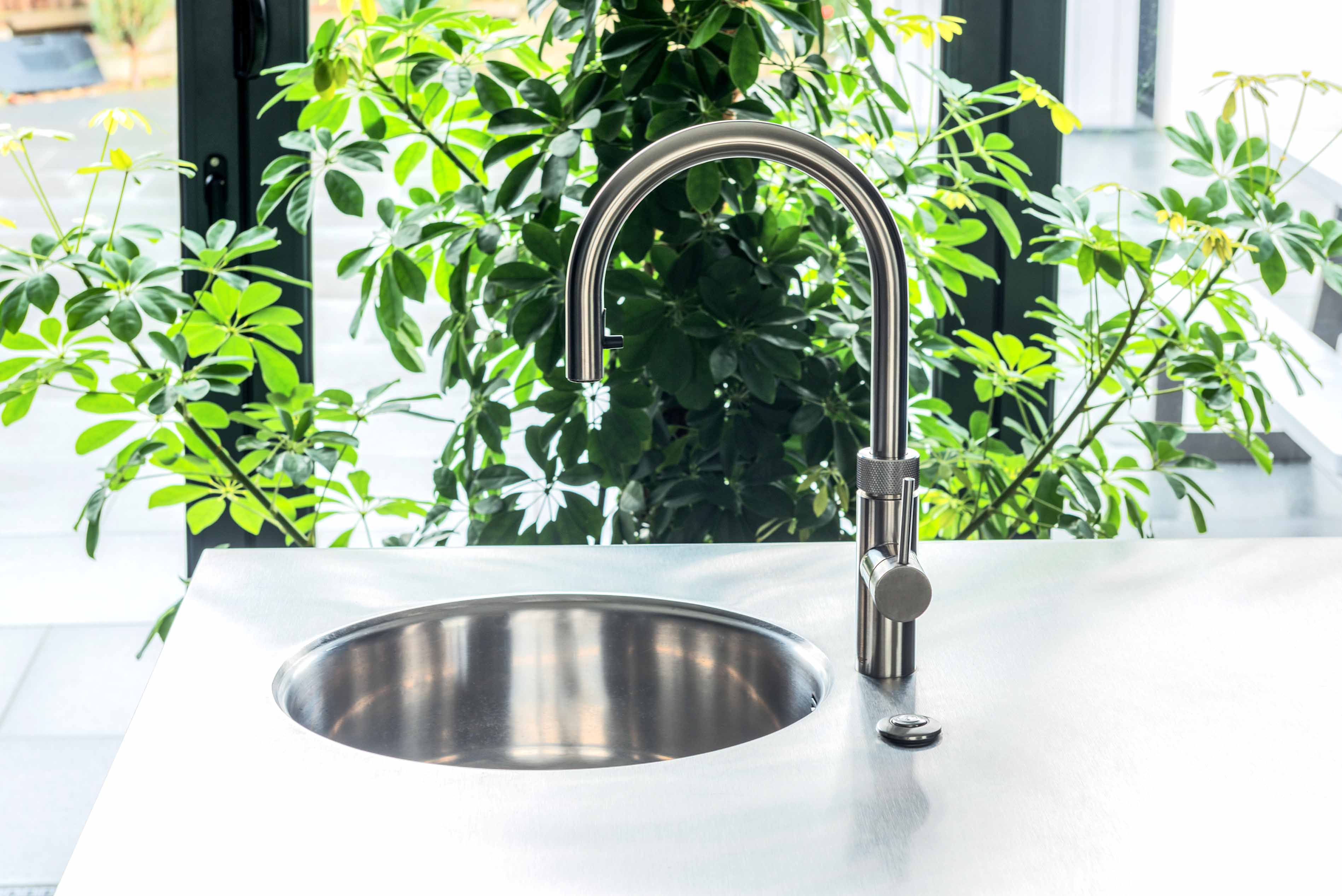 002. Bespoke kitchen contemporary brushed chrome steel nickel prep sink Perrin and Rowe Quooker hot boiling water tap Farrow and Ball near Hook, Hampshire