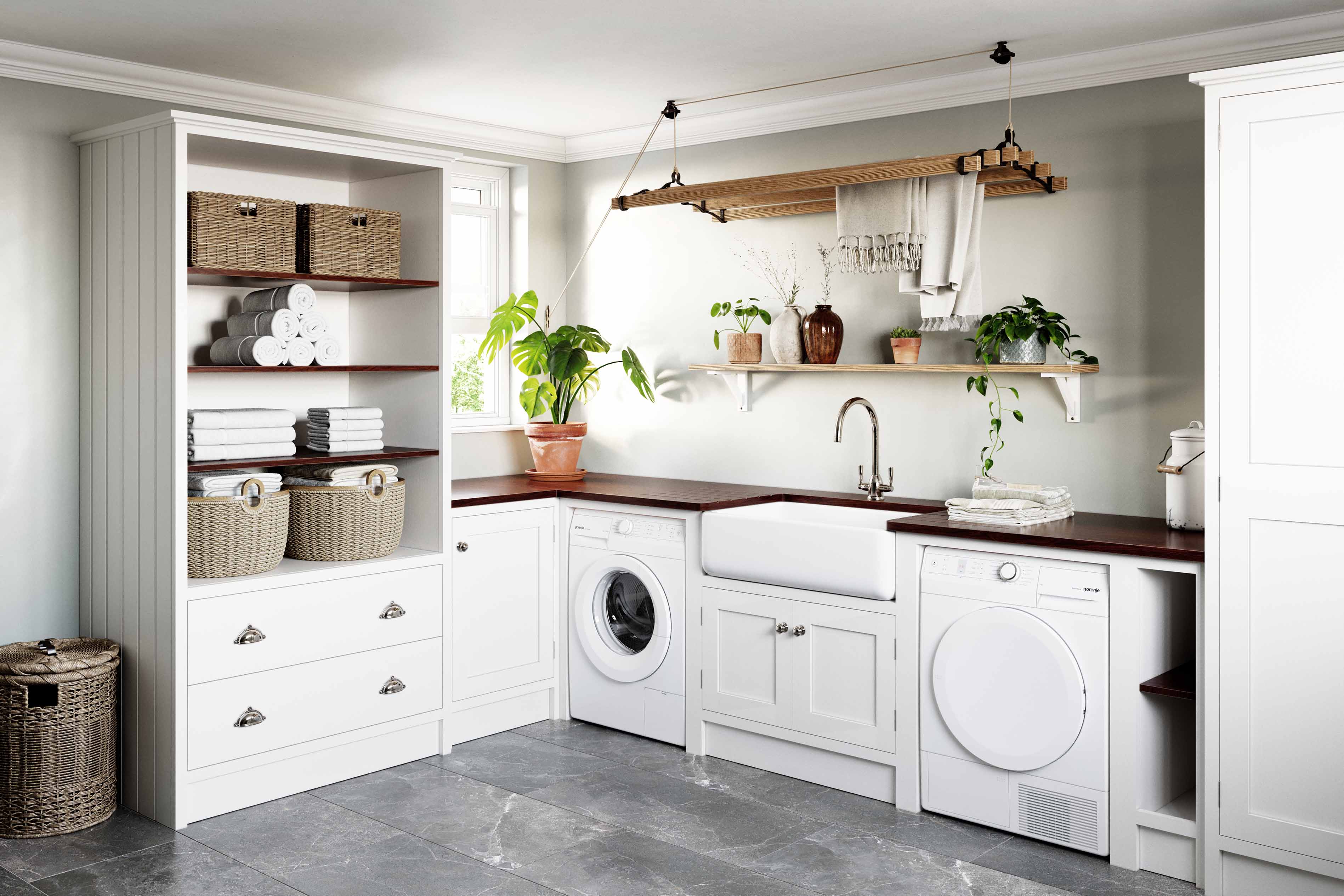 003. Bespoke utility laundry room in shaker style Mylands Farrow and Ball Clothes airer sheilas maid near Sunningdale, Berkshire