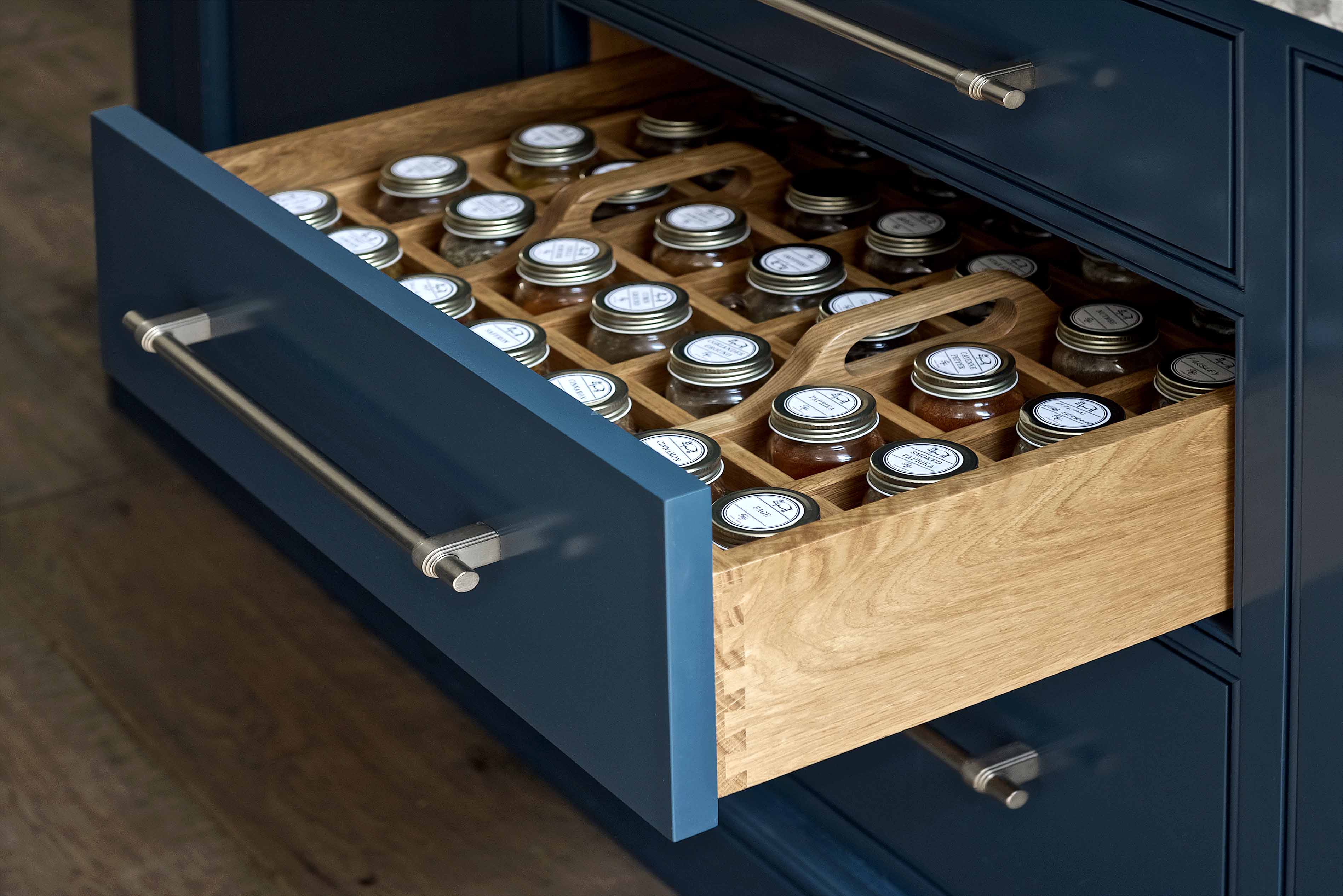 003. Bespoke kitchen shaker style utensil crockery spice rack tray cabinet storage pull out Perrin and Rowe Armac Martin Farrow and Ball near Guildford, Surrey