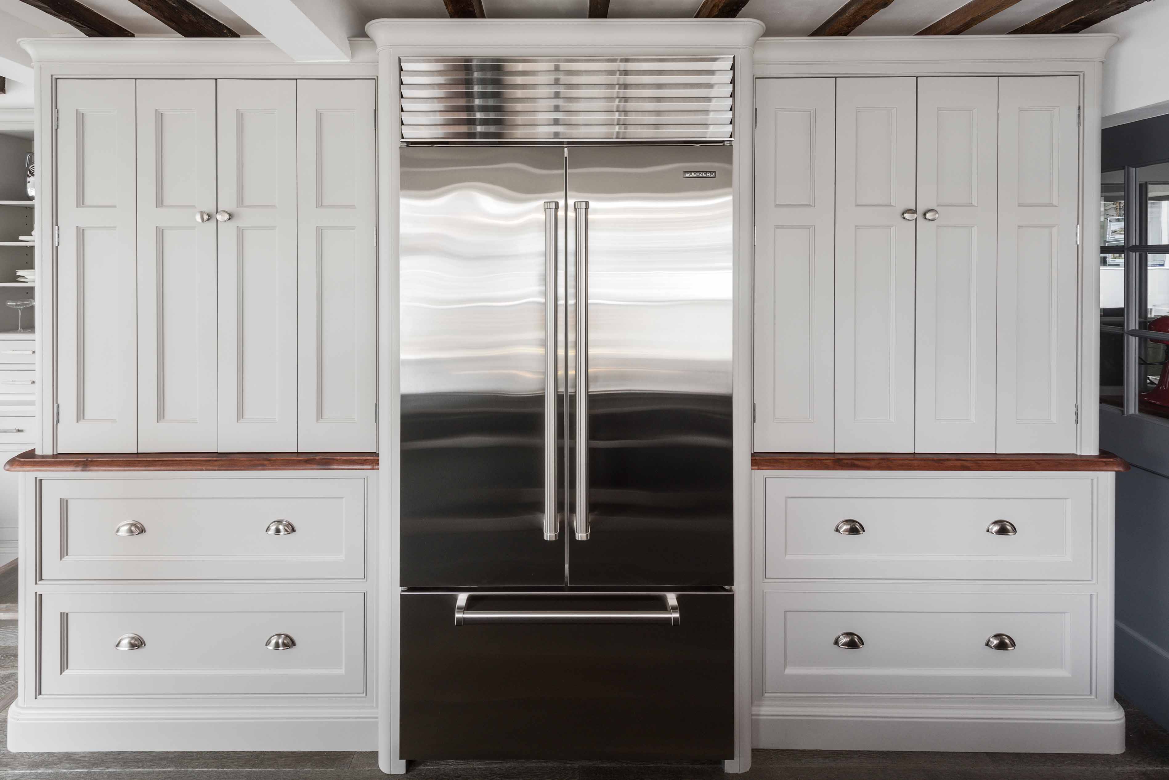 004. Bespoke kitchen shaker style french door Sub Zero Fisher Paykel fridge freezer Perrin and Rowe Armac Martin Farrow and Ball near Winchester, Hampshire