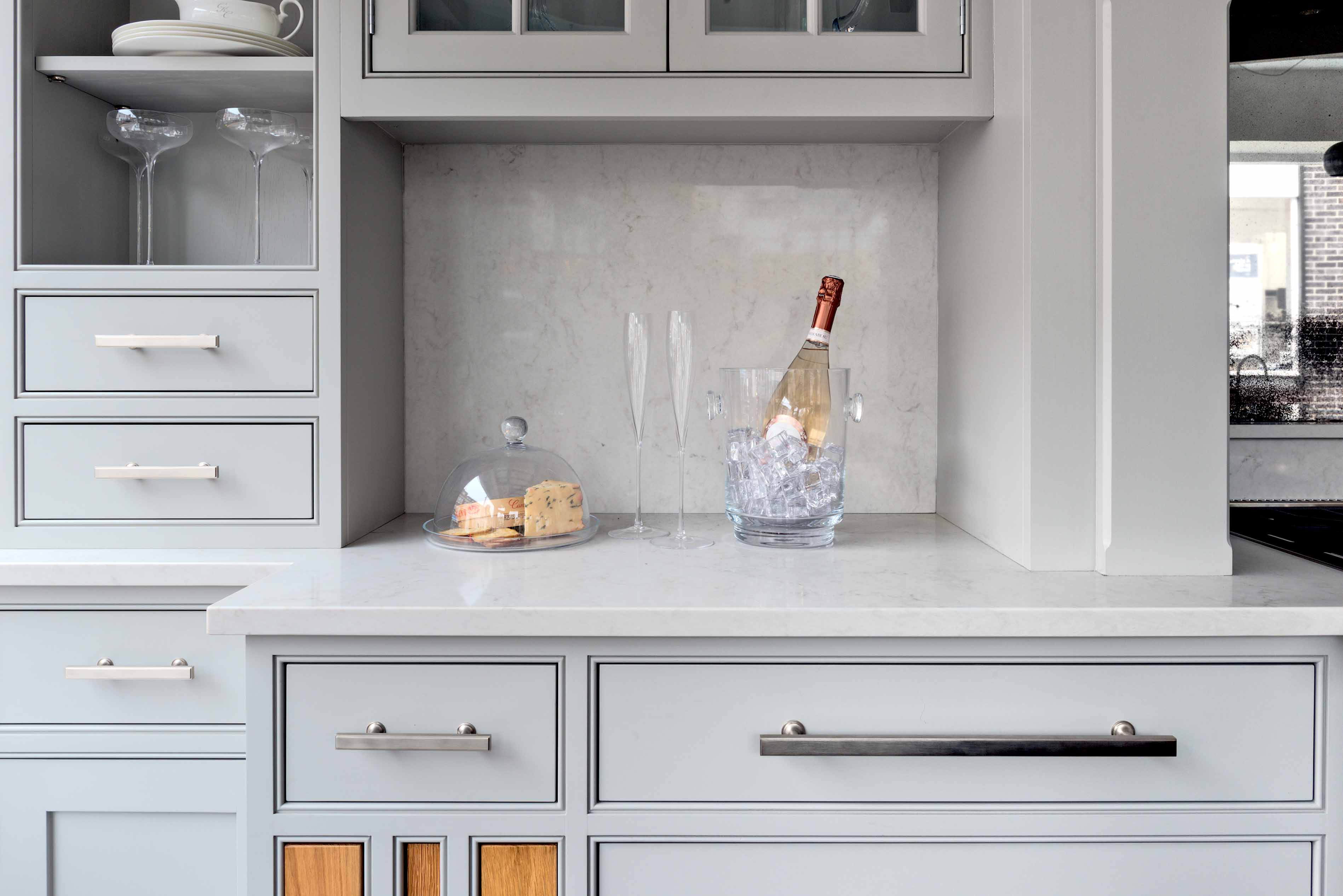 004. Bespoke kitchen shaker style quartz stone marble granite work top surface splash back Armac Martin Farrow and Ball Mylands near Cobham, Surrey