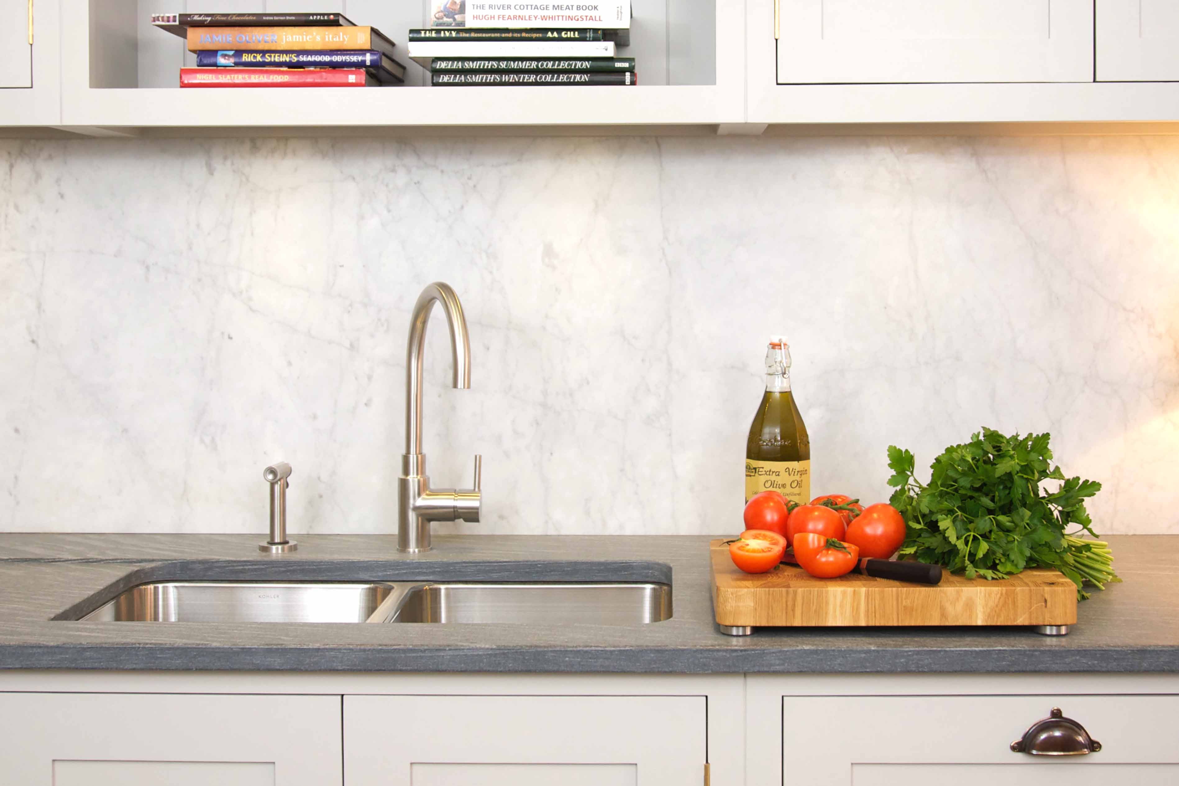 003. Bespoke kitchen contemporary brushed chrome steel nickel prep sink Perrin and Rowe Quooker hot boiling water tap Farrow and Ball near Weybridge, Surrey