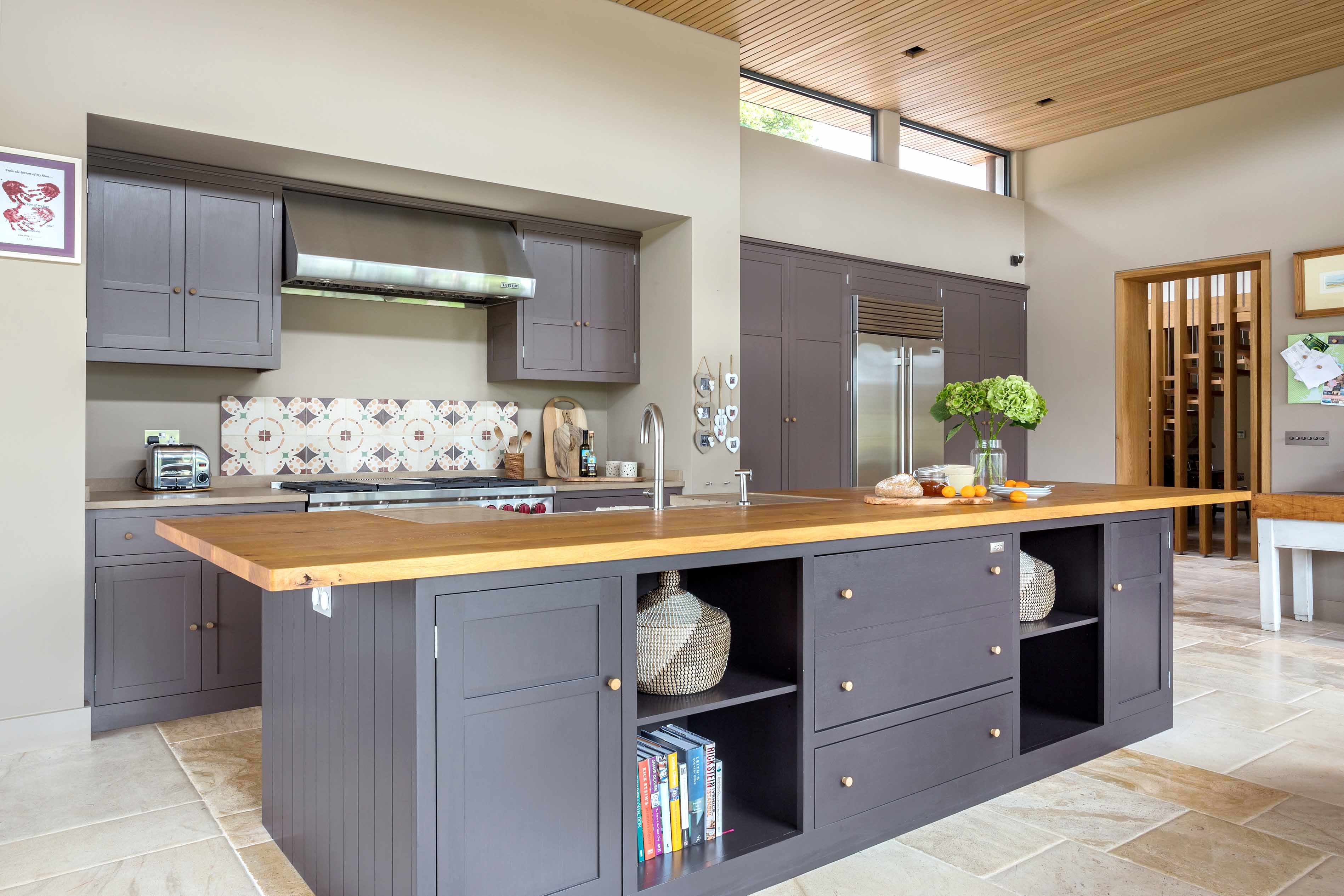 004. Bespoke kitchen shaker style oak cherry walnut beech pitch pine wood worktops Armac Martin Farrow and Ball Mylands near Farnham, Surrey