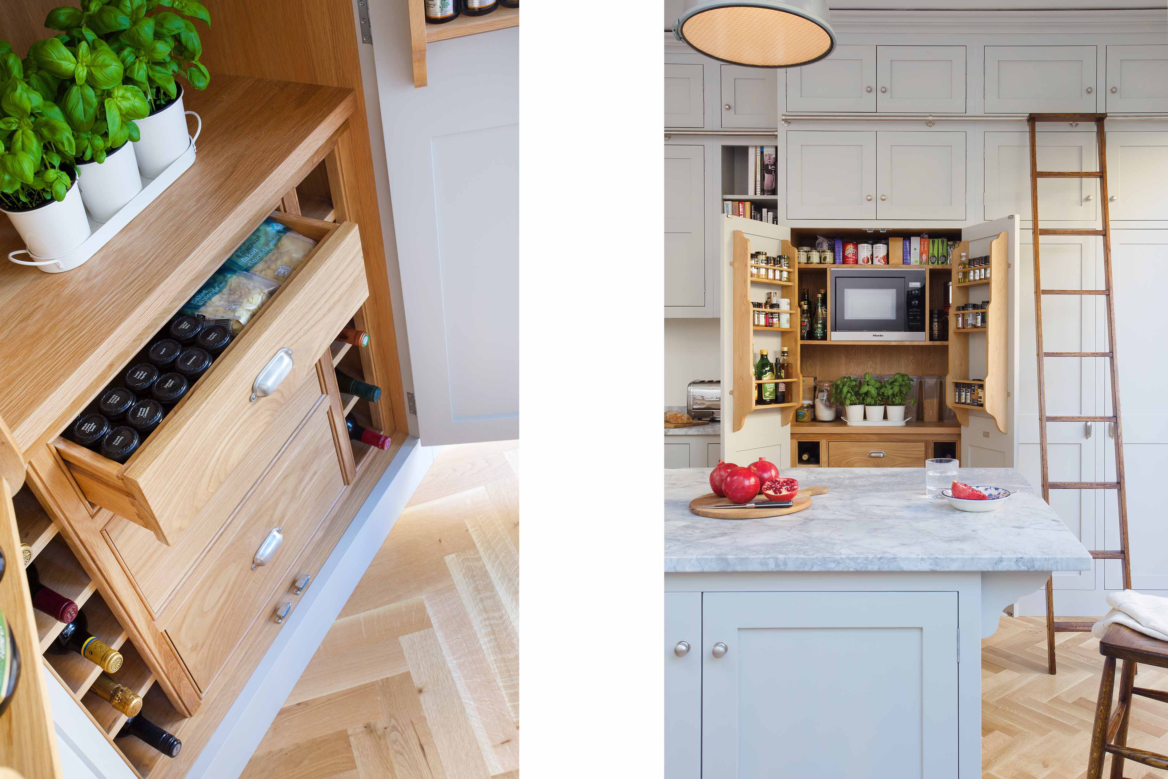 005. Bespoke kitchen shaker style larder pantry food store cabinet Armac Martin Farrow and Ball Mylands spice oil rack oak brass wine near Cobham, Surrey