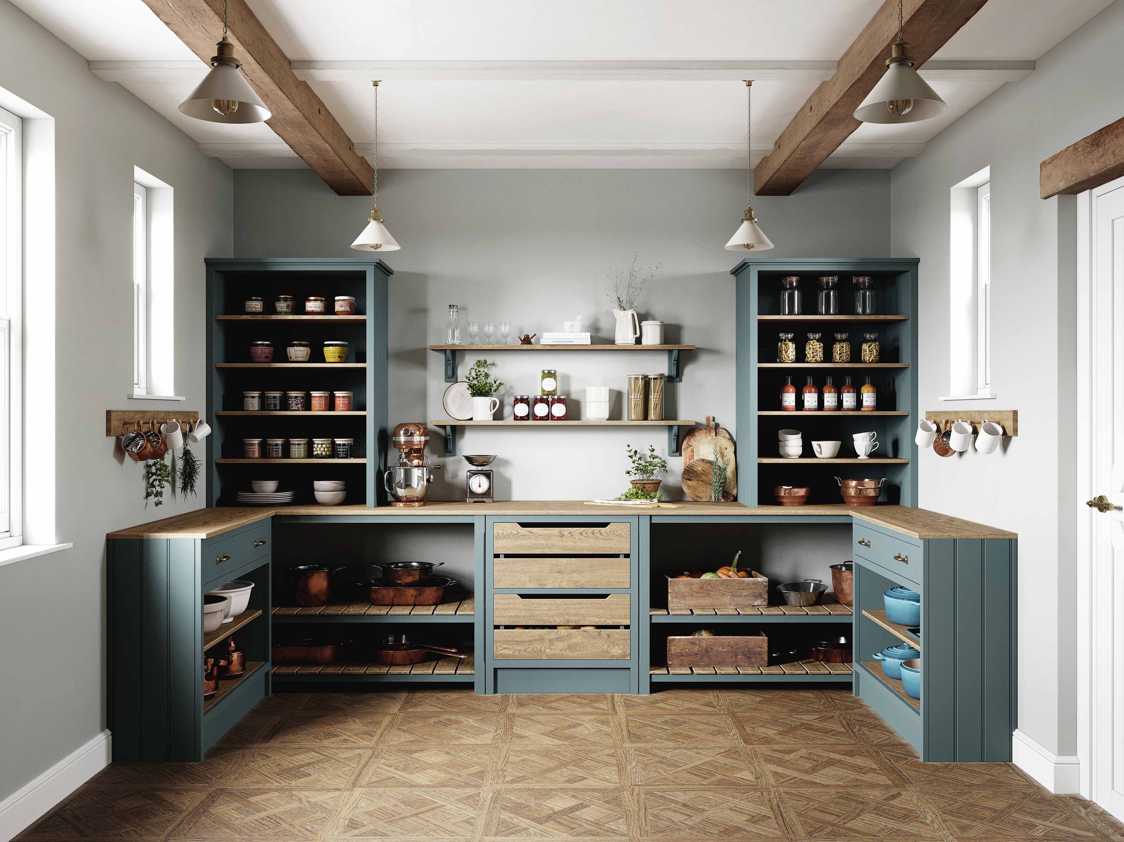 001. Bespoke pantry larder shaker style Farrow and Ball Mylands copper brass vegetable crates Perrin and Rowe Jim Lawrence Alton Hampshire
