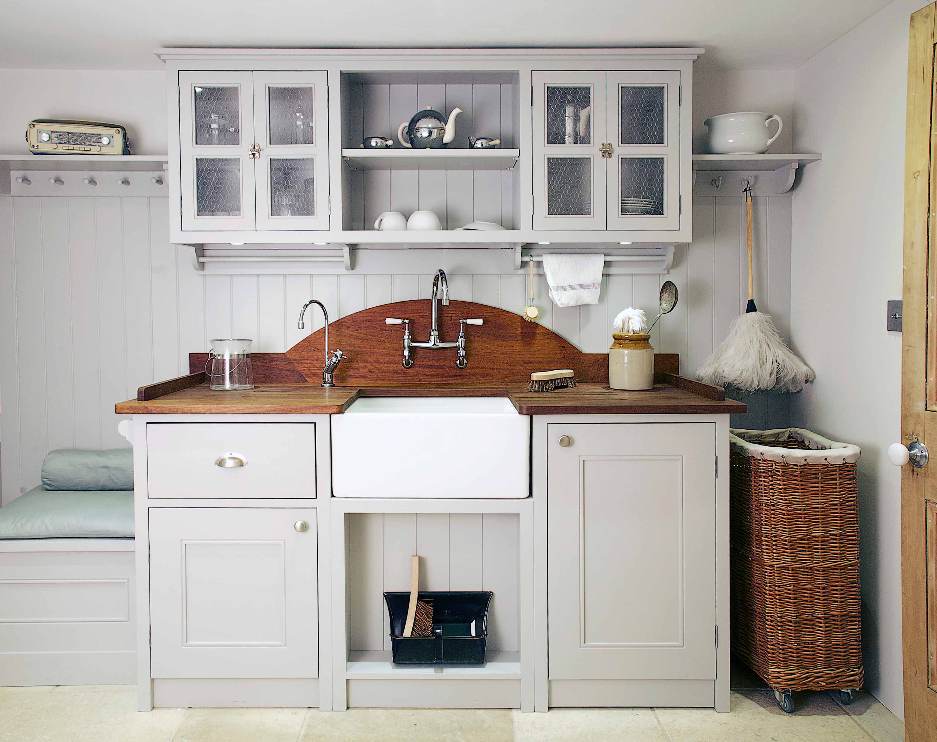 005. Shaker style country bespoke scullery kitchen Perrin and Rowe Armac Martin Farrow and Ball brass copper worktop near Petersfield, Hampshire