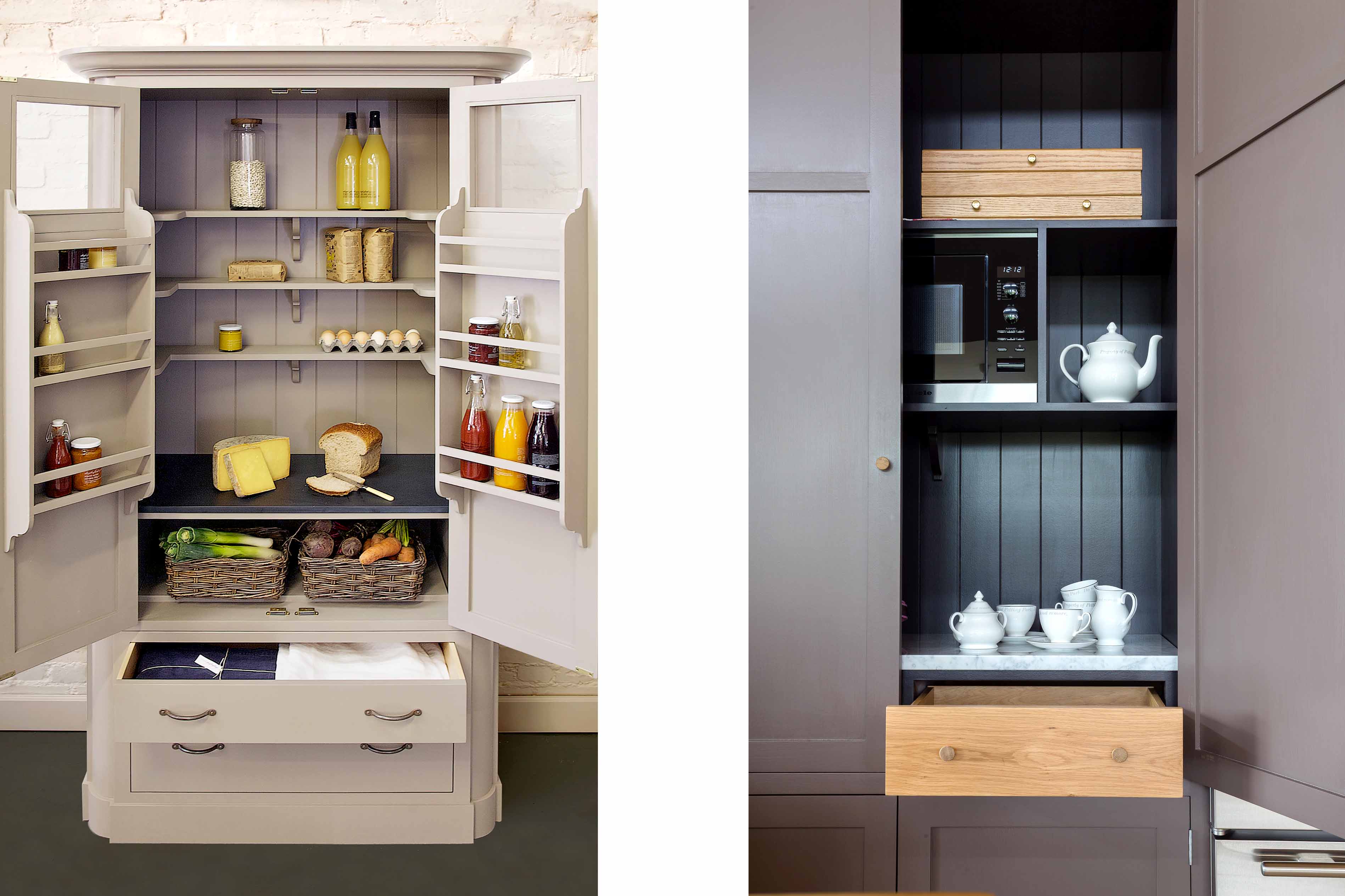 006. Bespoke kitchen shaker style larder pantry food store cabinet Armac Martin Farrow and Ball Mylands spice oil rack oak brass wine near Hindhead, Hampshire