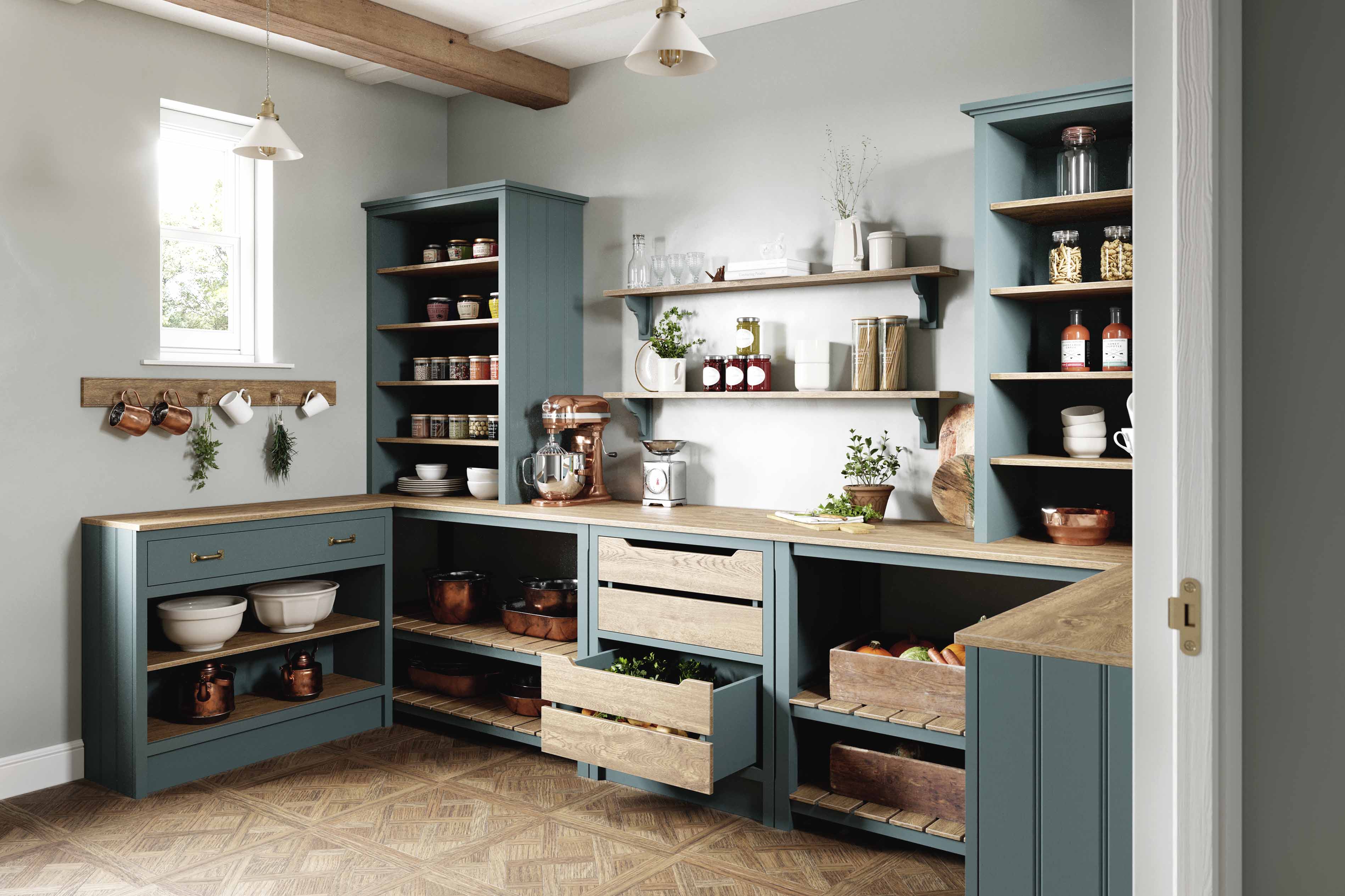 002. Bespoke pantry larder shaker style Farrow and Ball Mylands copper brass vegetable crates Perrin and Rowe Jim Lawrence Alton Hampshire