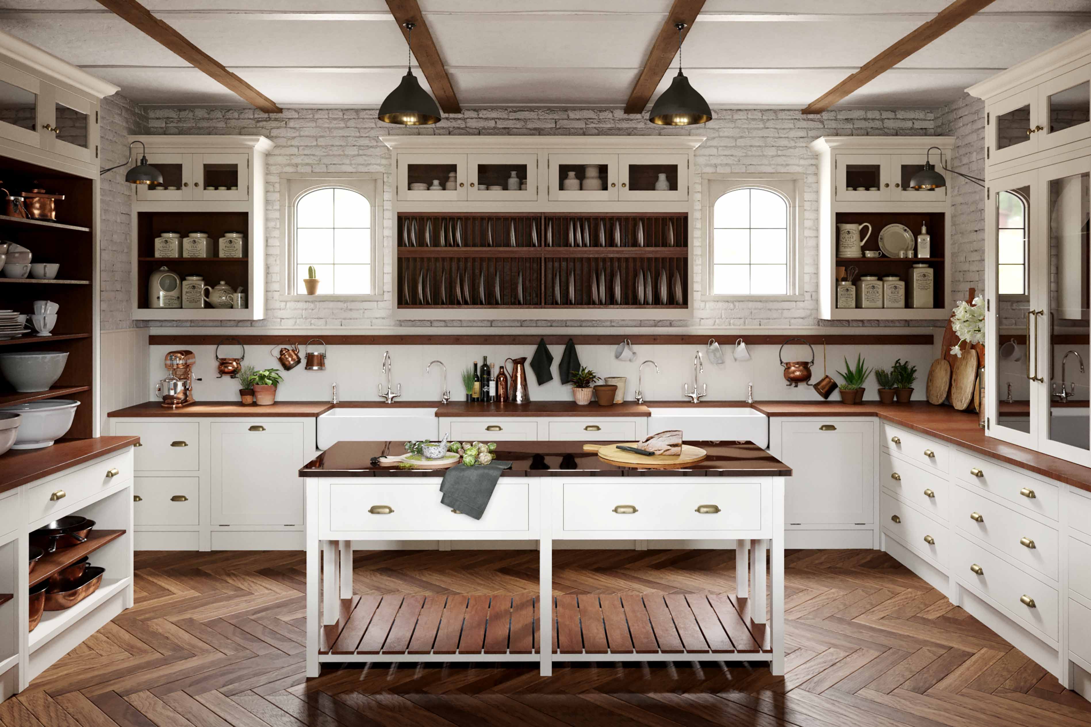 006. Shaker style country bespoke scullery kitchen Perrin and Rowe Armac Martin Farrow and Ball brass copper worktop near Sunningdale, Berkshire