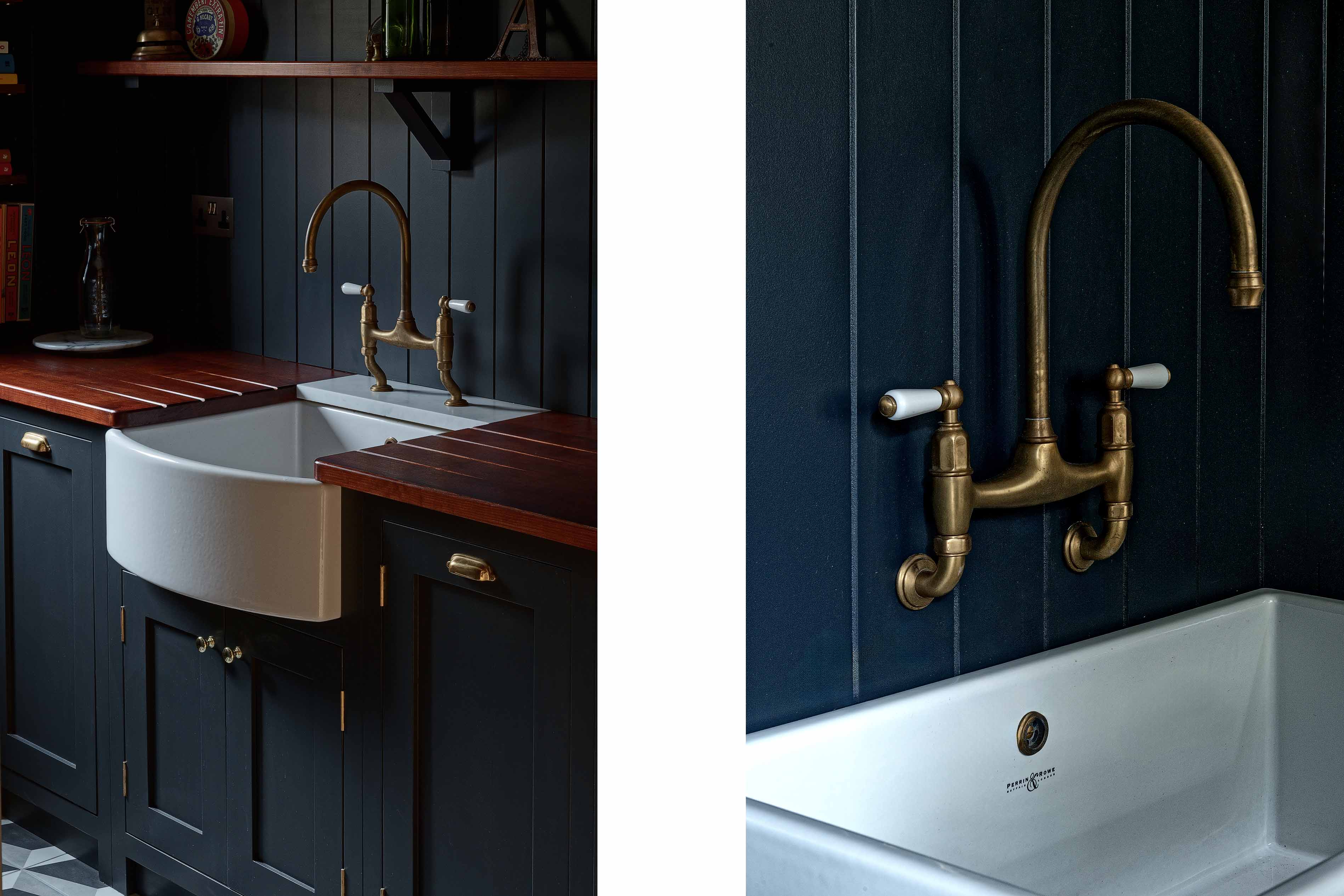 005. Bespoke kitchen shaker style antique aged brass Perrin and Rowe deck wall mount belfast butler sink Farrow and Ball near Cobham, Surrey